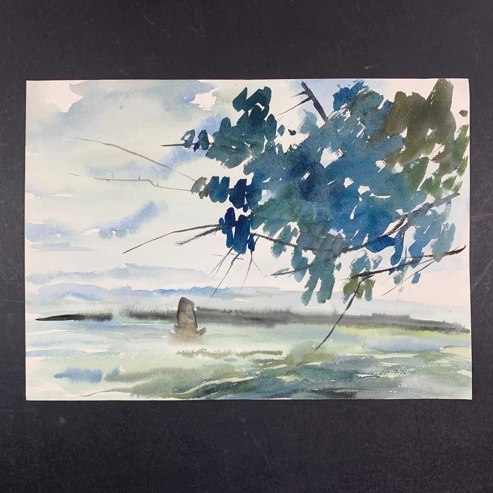 Original Watercolour Painting: An original watercolour painting on paper, of a waterscene with a large tree in the foreground and a few small seagulls in the midground. This piece is near excellent conidition with a miniscule wrink