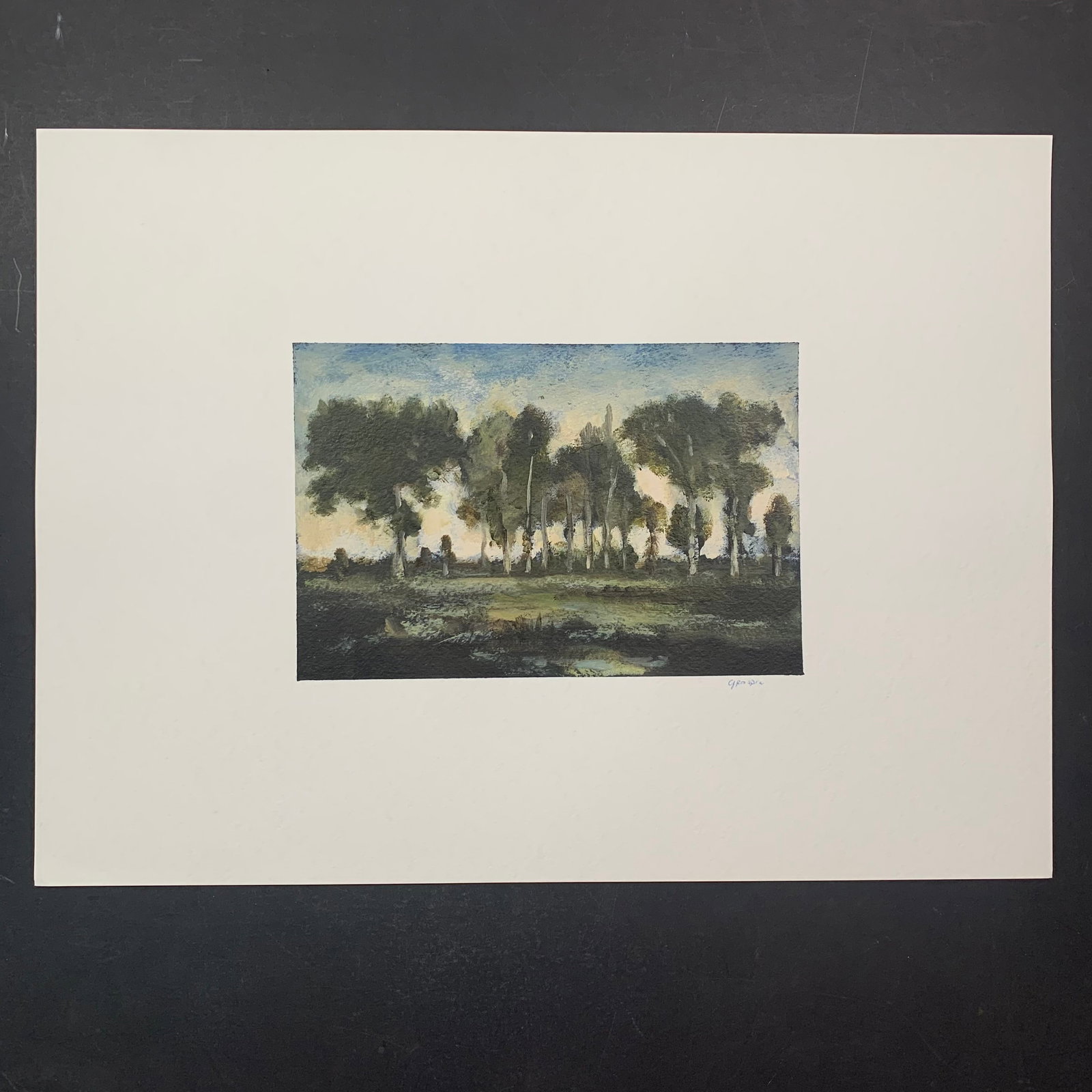 Vlad Grospic Original: A Vlad Grospic original on paper, signed lower right. This piece is a landscape scene with green grass, and a large tree line in the background. This piece is in excellent condition. Image: 10" x 15".