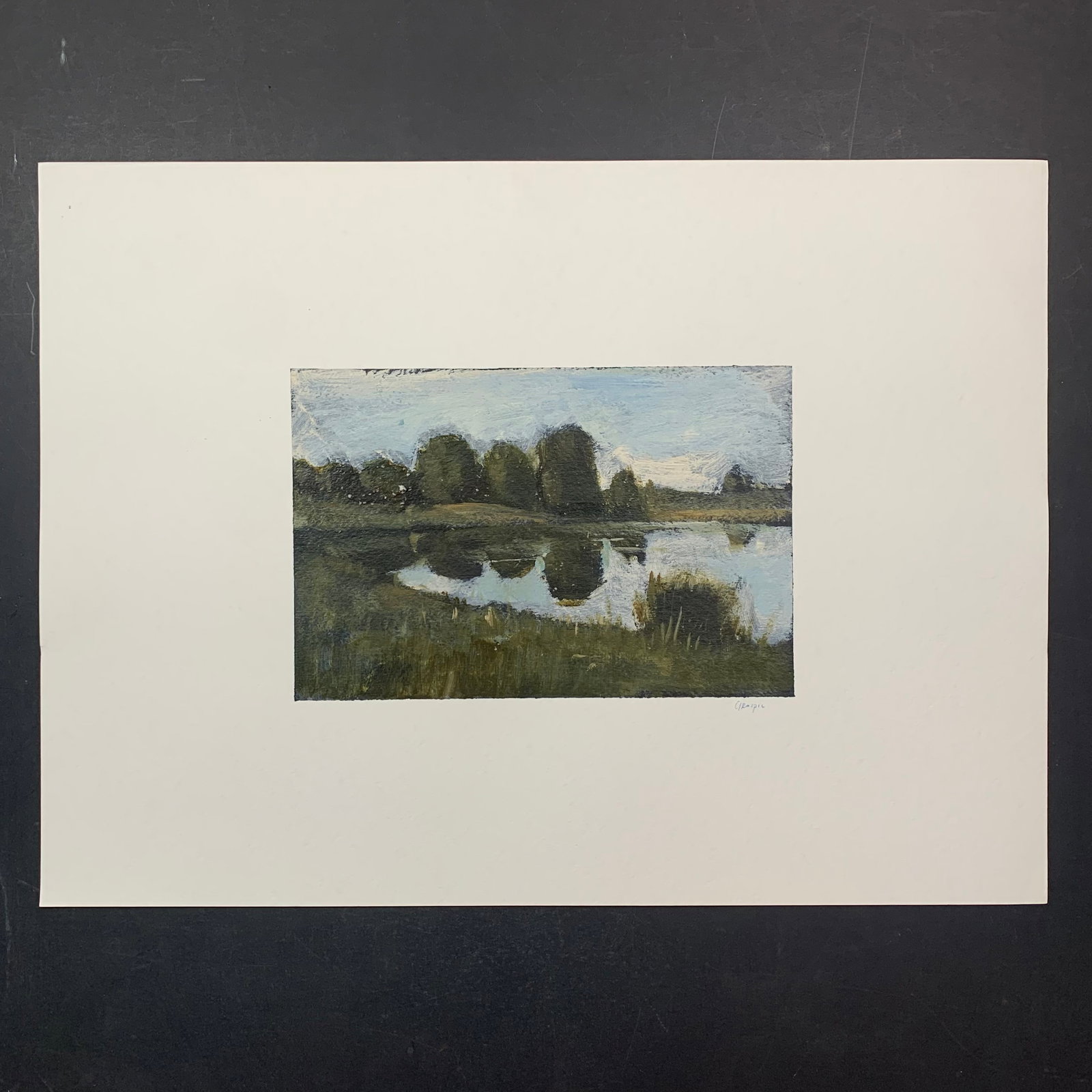 Vlad Grospic Original: A Vlad Grospic original on paper, signed lower right. This piece is a scene of a small pond, surrounded by green grass, and large green trees in the background. This piece is in excellent condition. I