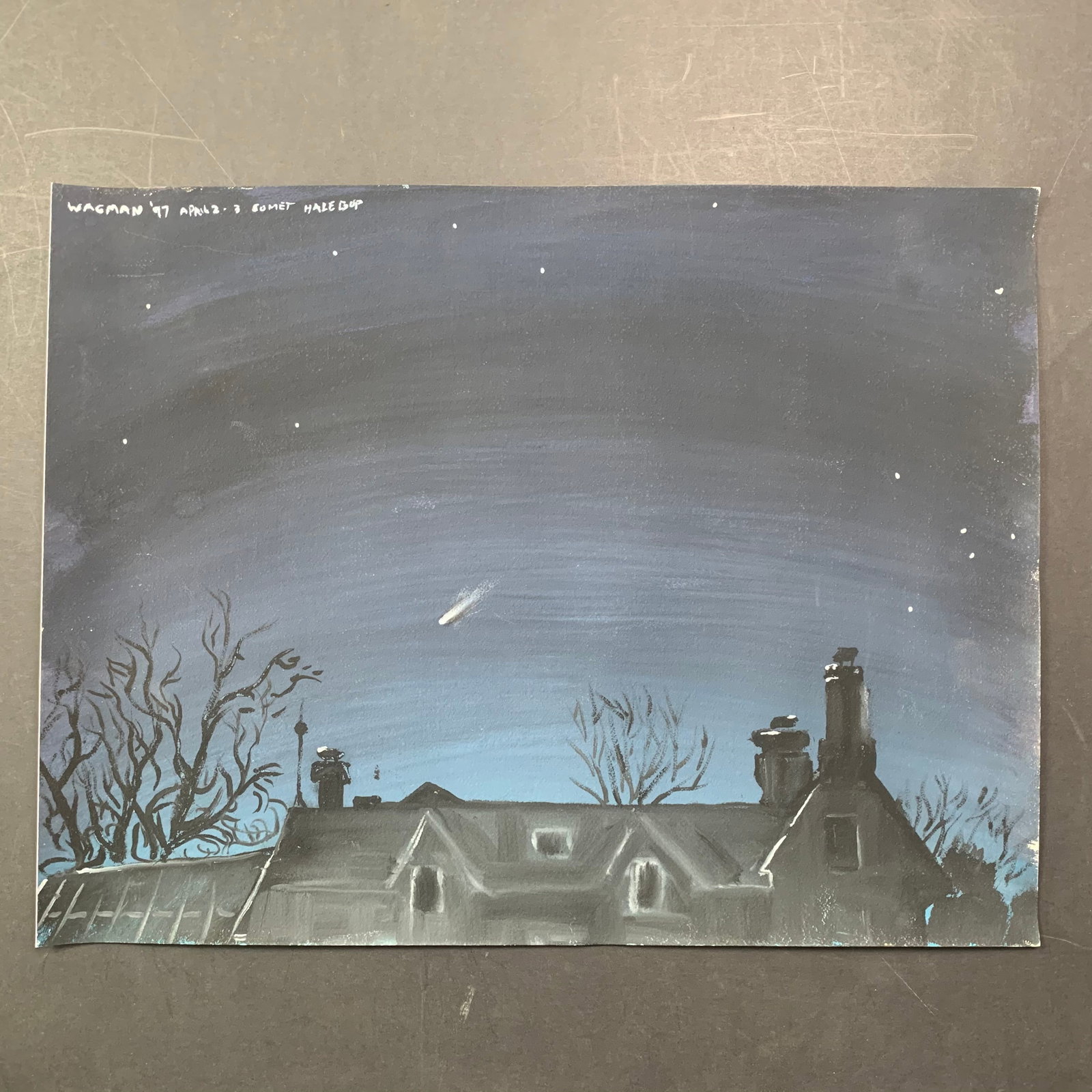 Wagman's "Comet" Original on Paper: Wagman's "Comet" Original on Paper. A Comet streaks through the night sky. This piece is signed and titled in the upper left corner and is in excellent condition. Image: 18" x 23 1/2". Paper: 18" x 23