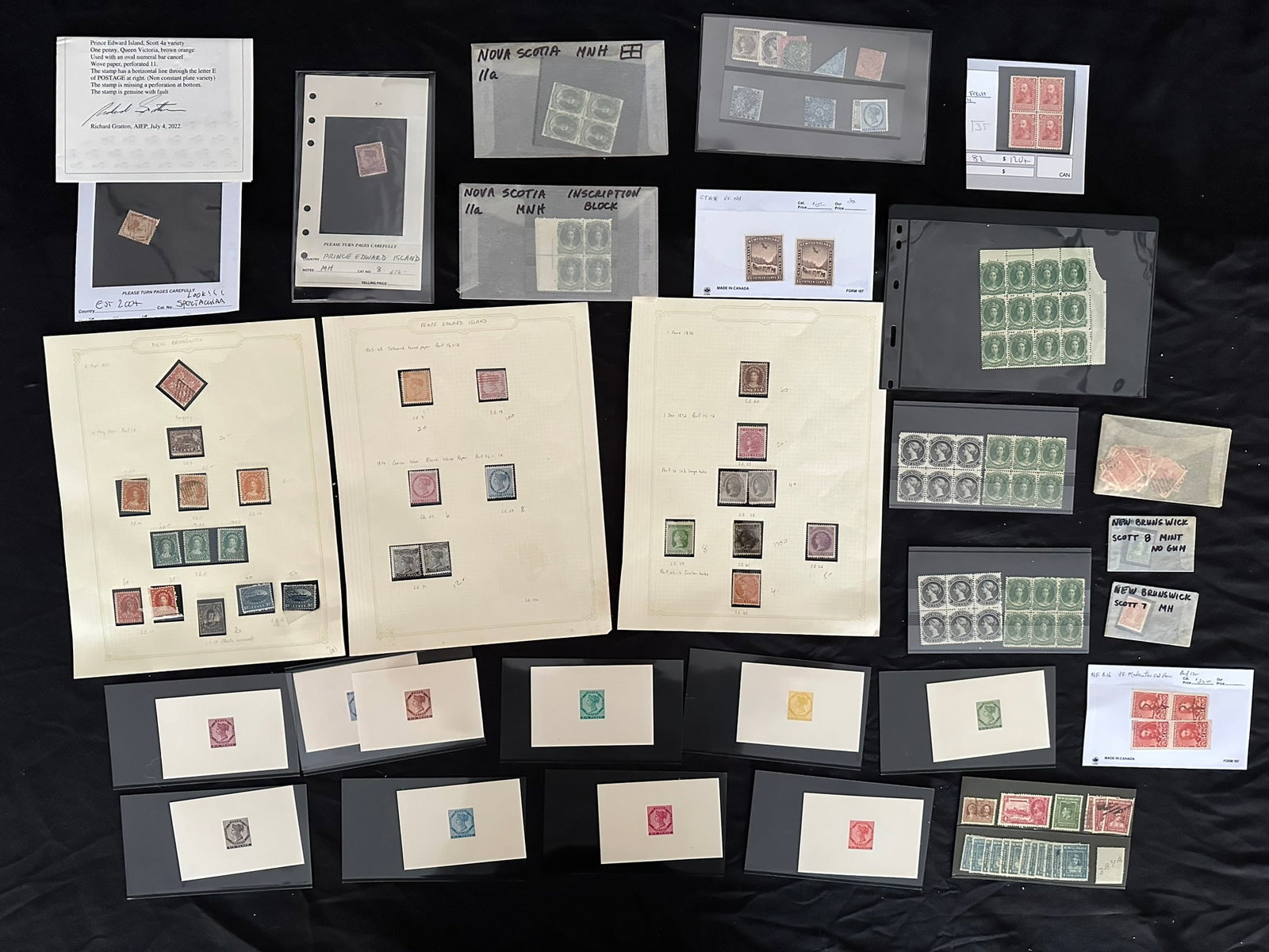 Canada Provinces, PEI, NB, NS, NFLD, 1860 - 1949, a MH/MNH and used selection on leaves and (1 of 8)