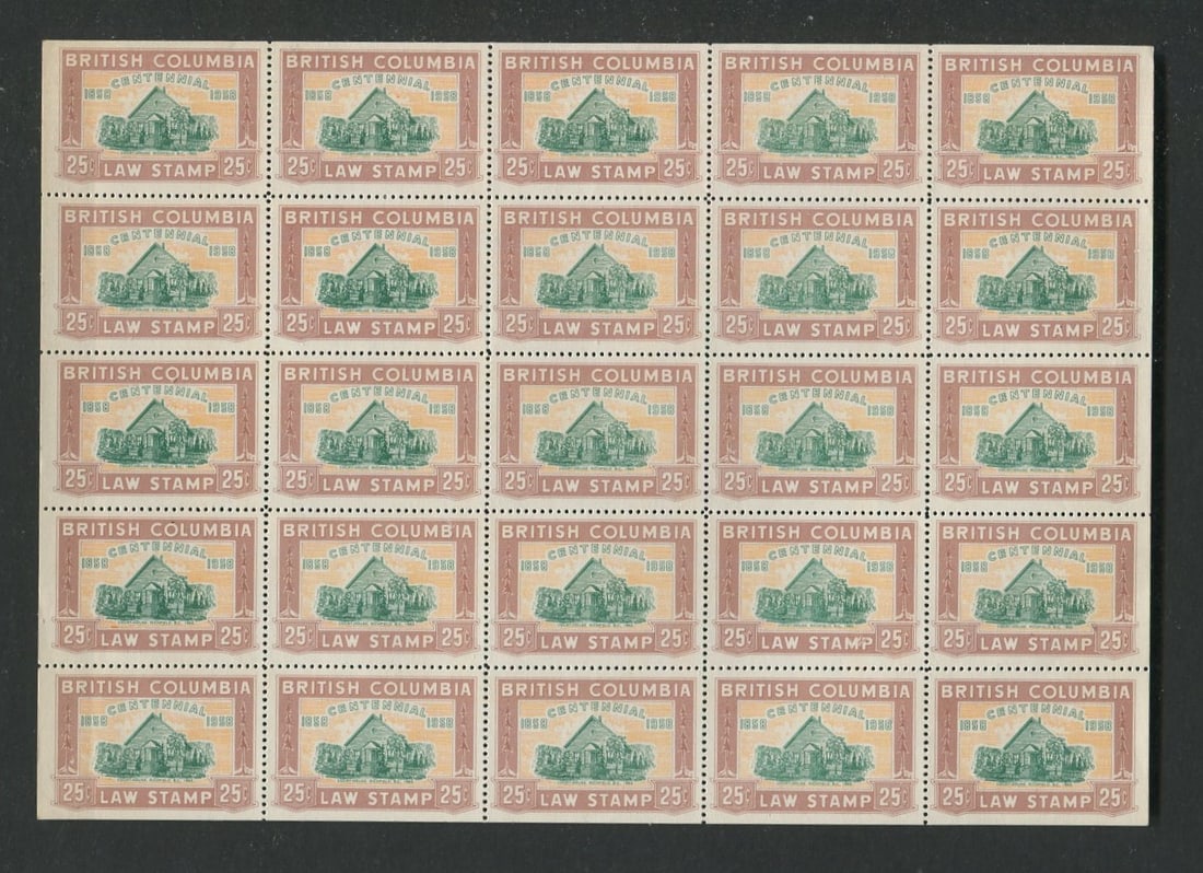 Canada British Columbia 1958 BCL 47 Sheet of 25 NH Law Stamps. (1 of 1)