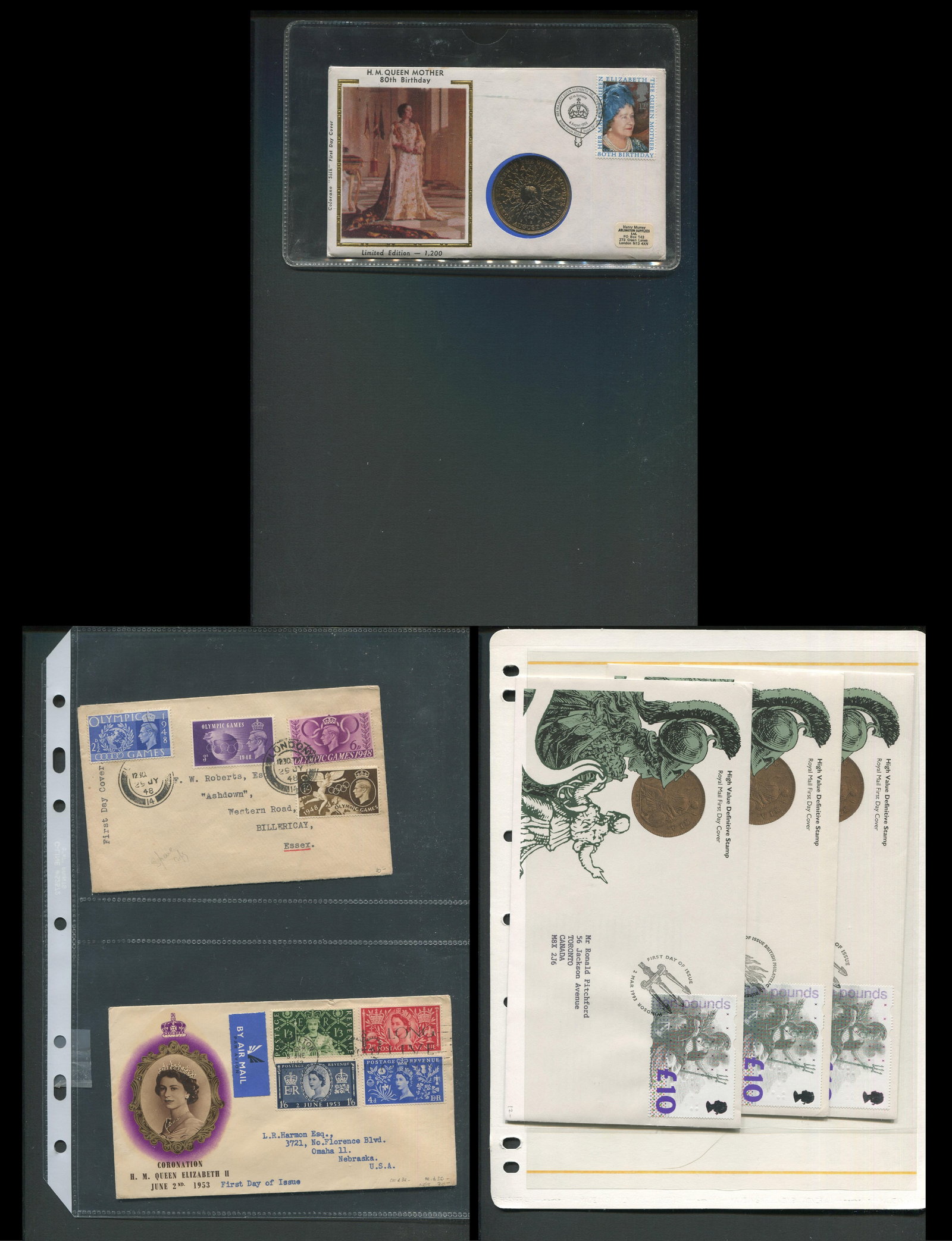 Great Britain, a group of six FDCs from 1948 to 1993, includes 48 Olymipcs, 53 Coronation, 80 Queen: Great Britain, a group of six FDCs from 1948 to 1993, includes 48 Olymipcs, 53 Coronation, 80 Queen Mothers Birthday with comm coin and (3) 93 10 pound stamps, appears f-vf