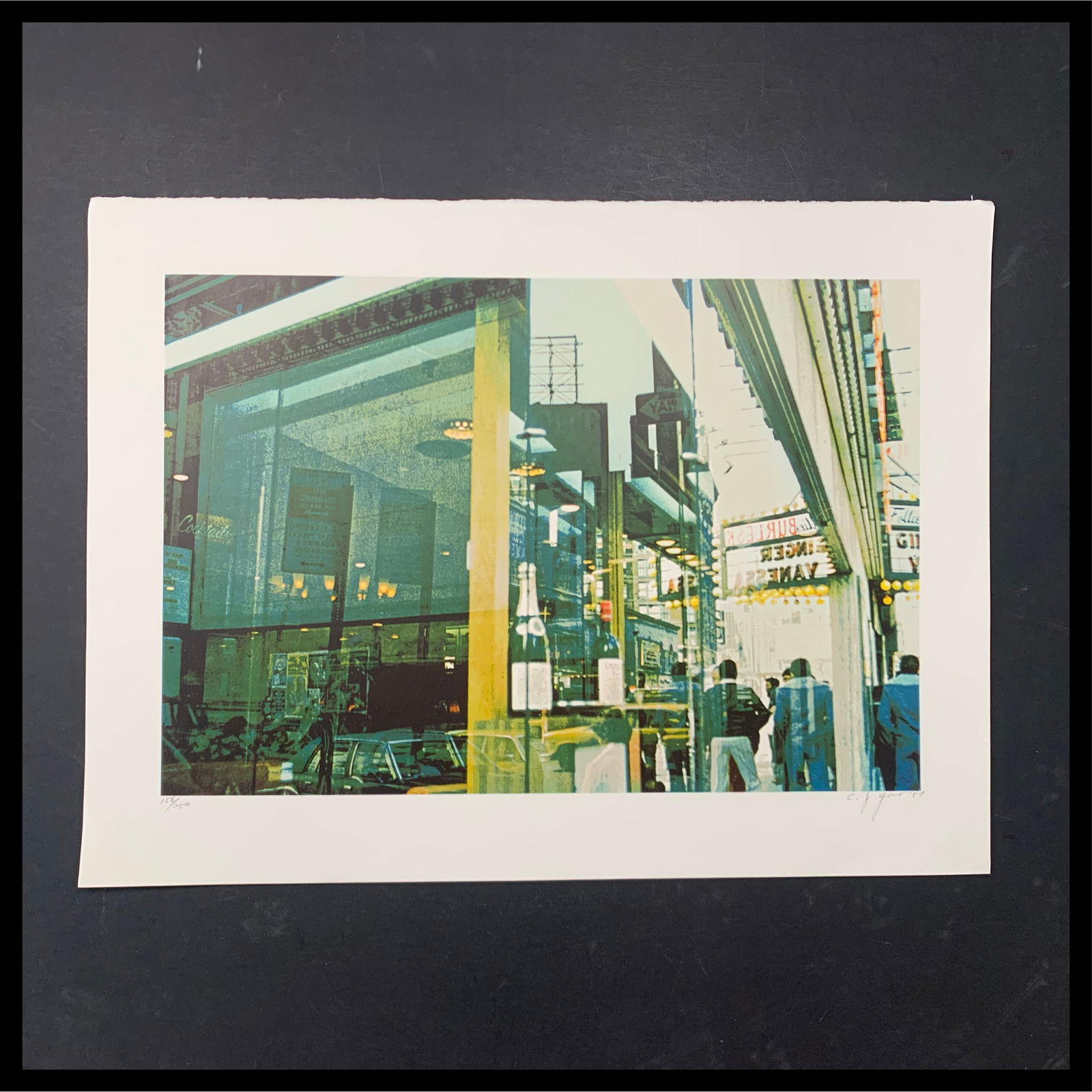 C.J. Yao's "Liquor Store Reflection" Limited Edition Print: C.J. Yao's "Liquor Store Reflection" limited edition print, signed lower right and numbered 156/250 lower left. This piece is a scene in downtown New York, as a reflection from a liquor store's front