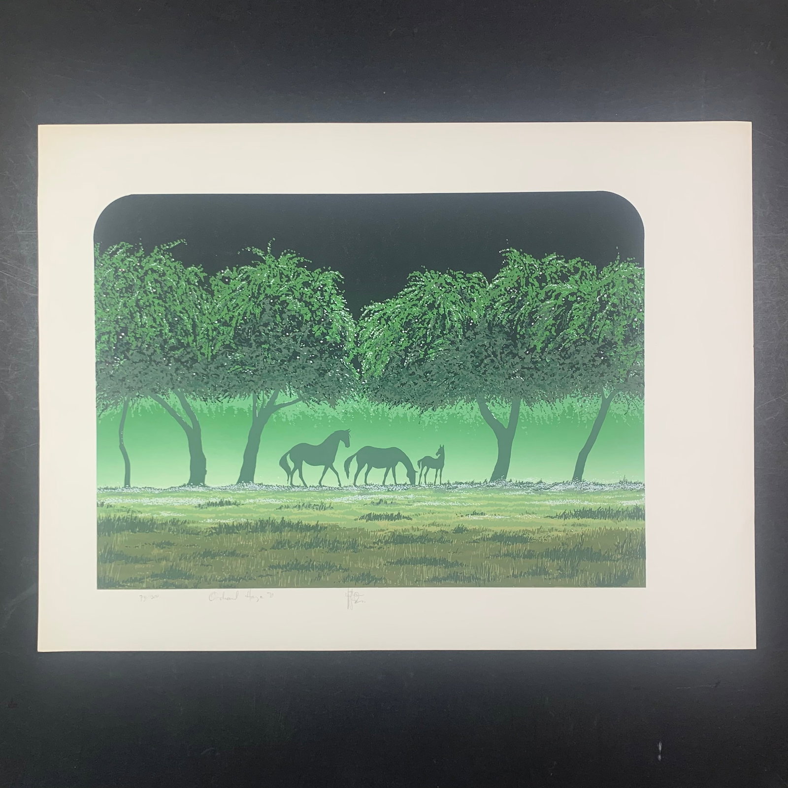 Christine Nasien's "Orchard Haze III" Limited Edition Print: Christine Nasien's "Orchard Haze III" limited edition print, signed lower middle and numbered 74/300 lower left. This piece is of three horses in a field, with a few large trees. This piece is in near