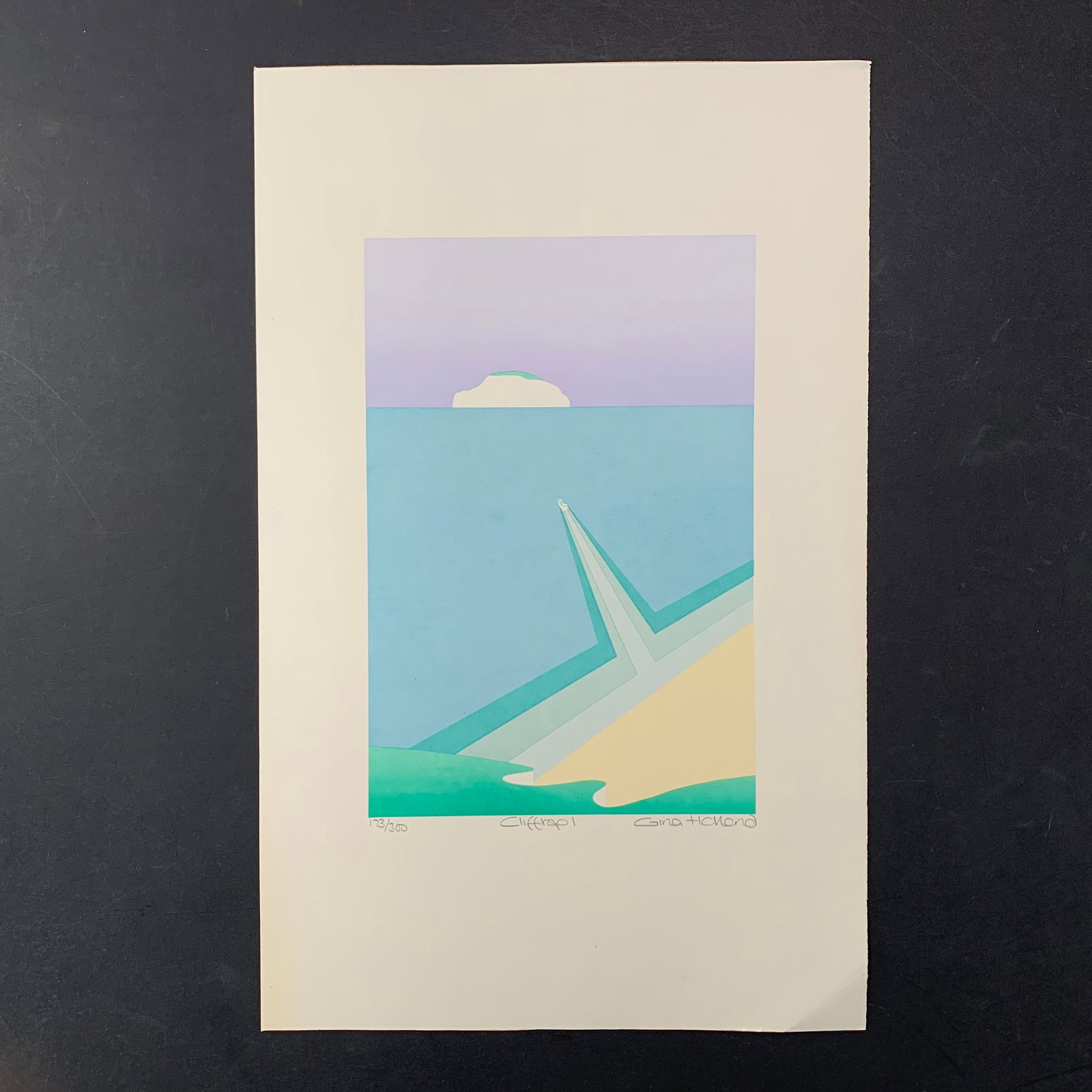 Gina Holland's "Clifftop I" Limited Edition Print: Gina Holland's "Clifftop I" Limited Edition Print. A boat is leaving port, heading into the sunset. This piece is signed lower right, numbered 173/300 lower left and titled lower middle. It is in exce