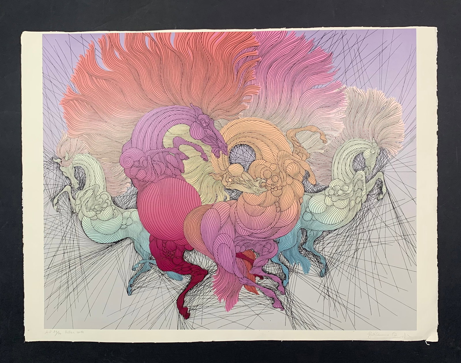 Guillaume Azoulay's "Rites" Limited Edition Print: Guillaume Azoulay's "Rites" limited edition print, signed lower right and titled, dated, and numbered 23/30 lower left. This piece is of a four horses jumping through the air, with geometric straight 