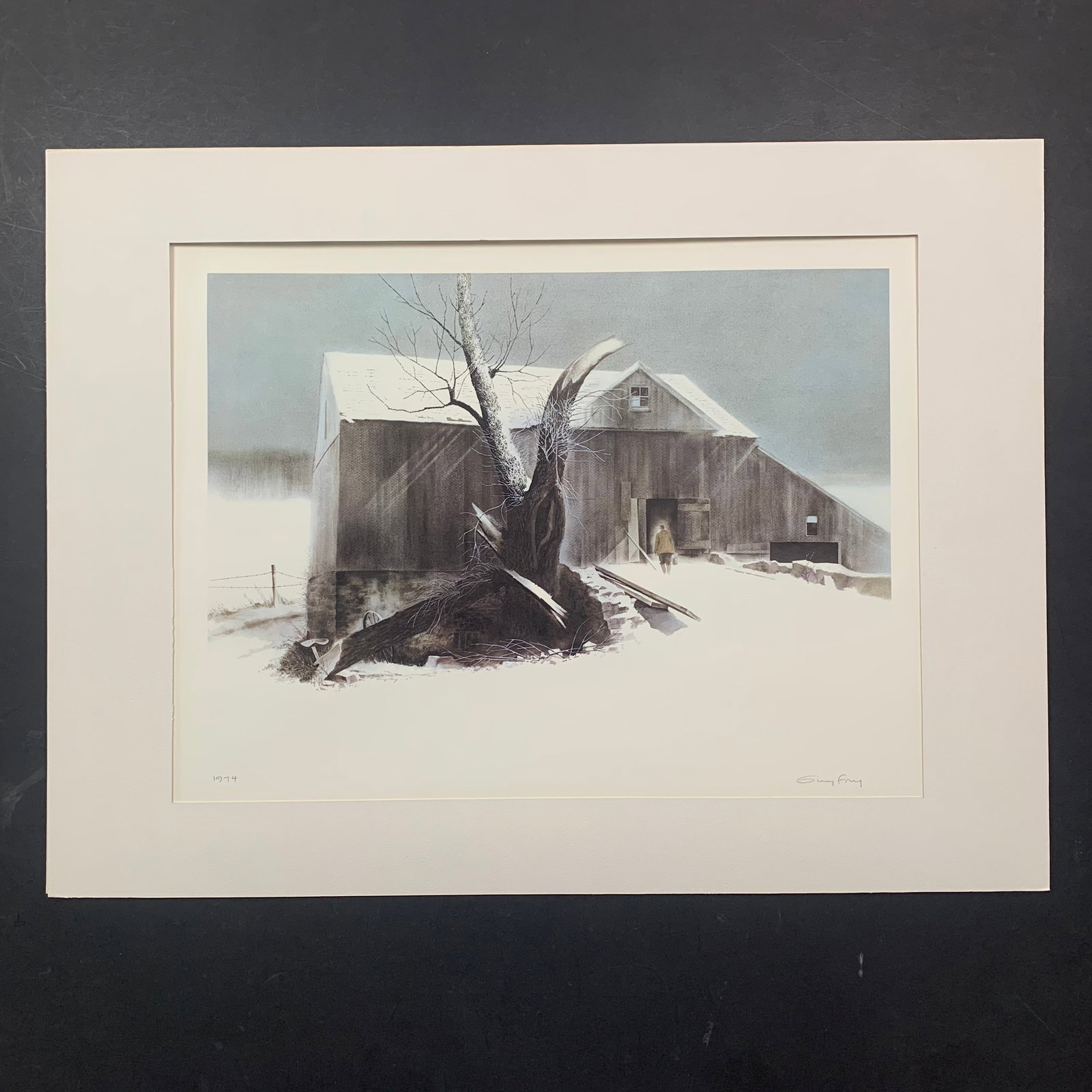Guy Fry's "Milking Time" Limited Edition Print: Guy Fry's "Milking Time" circa 1974, limited edition print on paper, signed lower right, and dated lower left, from the Franklin Mint. This piece is of a farmer in winter, entering his barn to milk hi