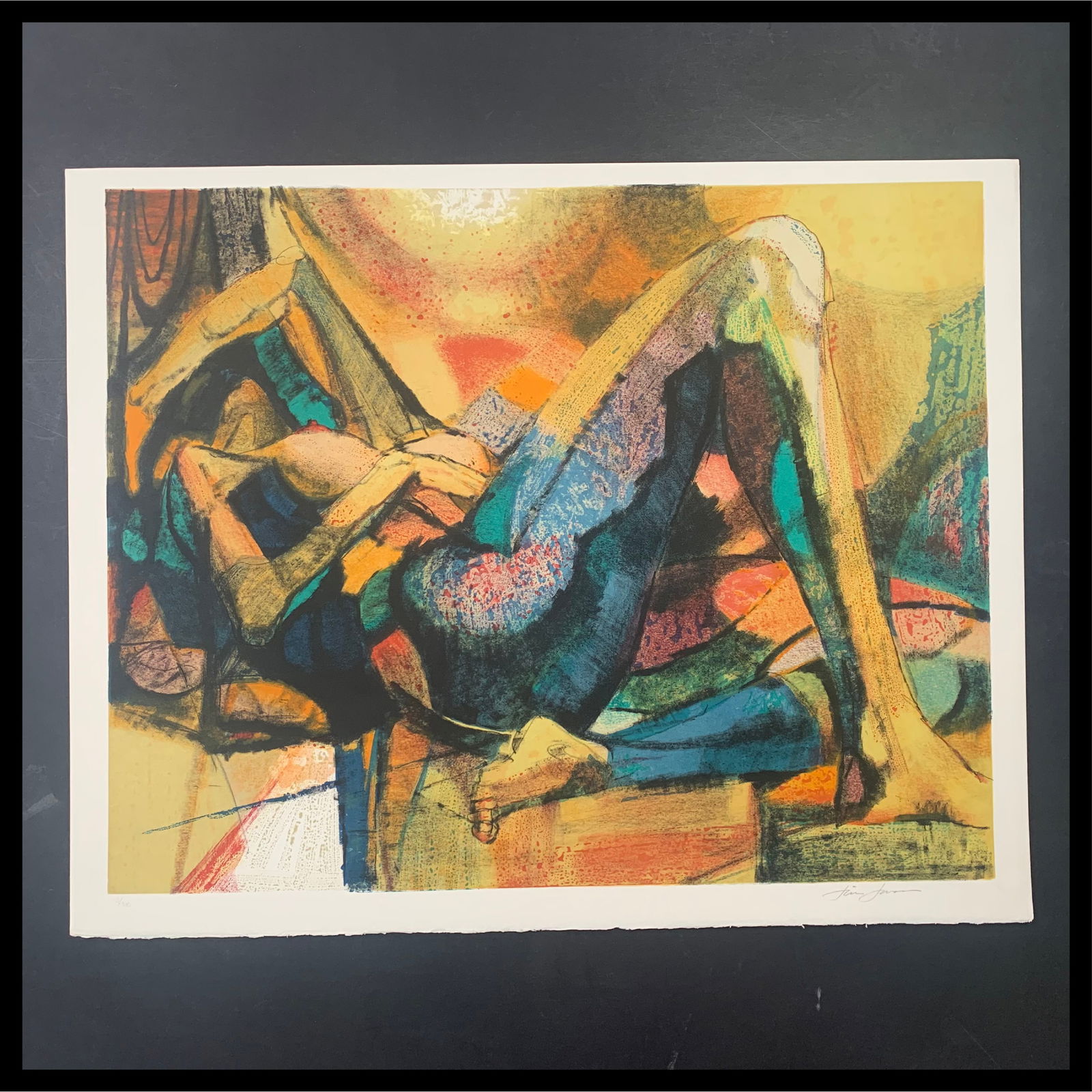 Jim Jonson's "Reclining Nude" Limited Edition Print: Jim Jonson's "Reclining Nude" limited edition print, signed lower right, and numbered 102/300 lower left. This piece is a colourful abstract of a nude woman reclining. This piece is in excellent condi