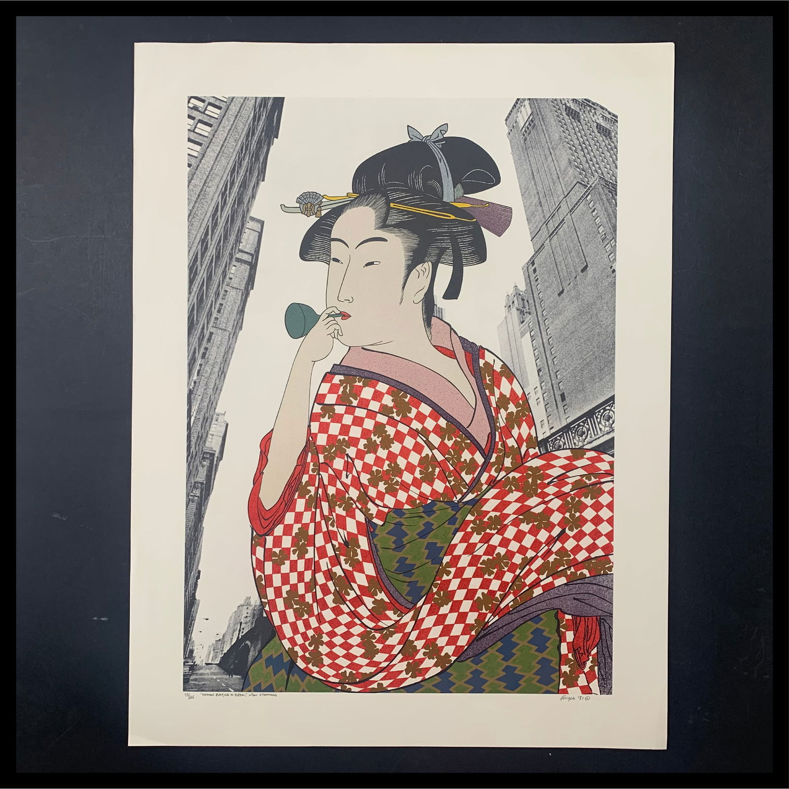 Michael Knigin's "Woman Playing a Poppin After Utamaro" Limited Edition Print: Michael Knigin's "Woman Playing a Poppin After Utamaro" limited edition print, signed lower right, and numbered 93/225 lower left. This piece is of a Japanese woman, playing a poppin. This piece is in