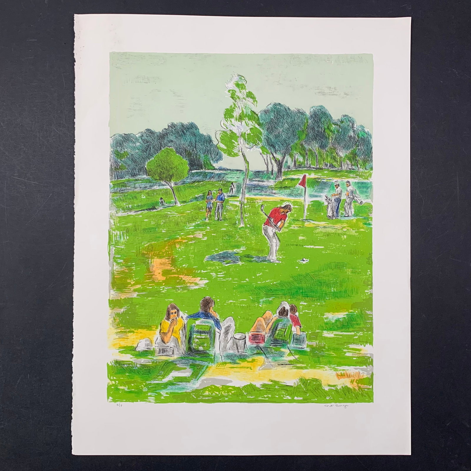 Pat Berger's "Golf" Limited Edition Print: Pat Berger's "Golf" Limited Edition Print. "FOUR!" A golfer is poised to make his shot while other people look on. This piece is signed on the bottom right and numbered AP on the lower left. There is 