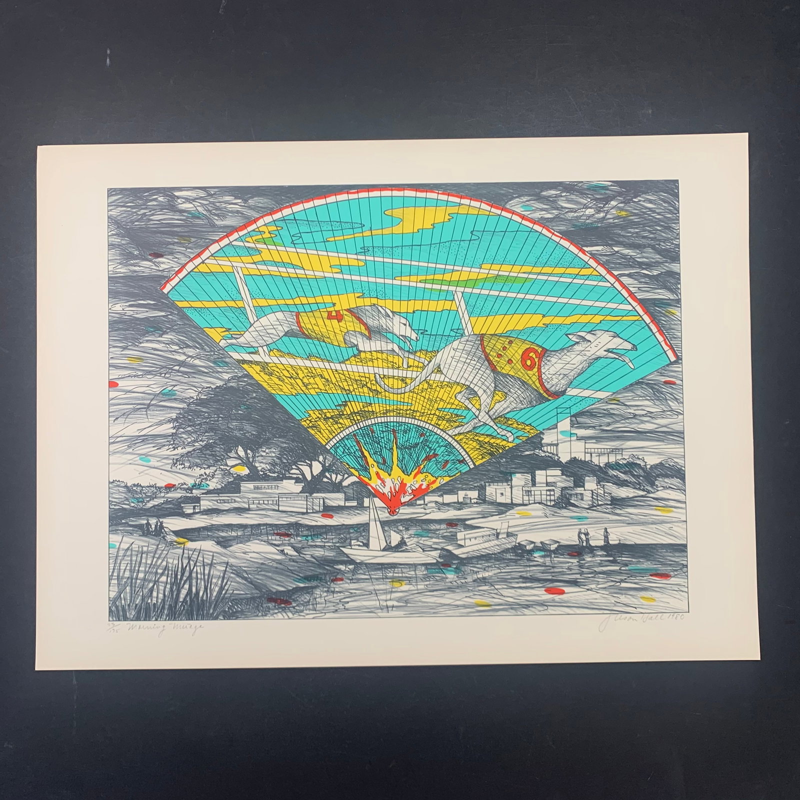 Susan Hall's "Morning Mirage" Limited Edition Print: Susan Hall's "Morning Mirage" limited edition print, signed lower right, and numbered 23/175 lower left. This is an interesting piece with what appears to be projected greyounds racing, coming from a