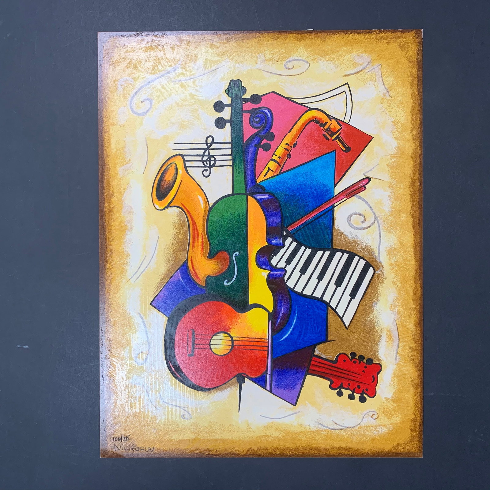 Yuri Nikiforov's "Musical Symphony I" Limited Edition Print: Yuri Nikiforov's "Musical Symphony I" limited edition print, signed and numbered 106/225 lower left. This piece is of musical instruments on top of each, done in a bright and colourful style. This pie