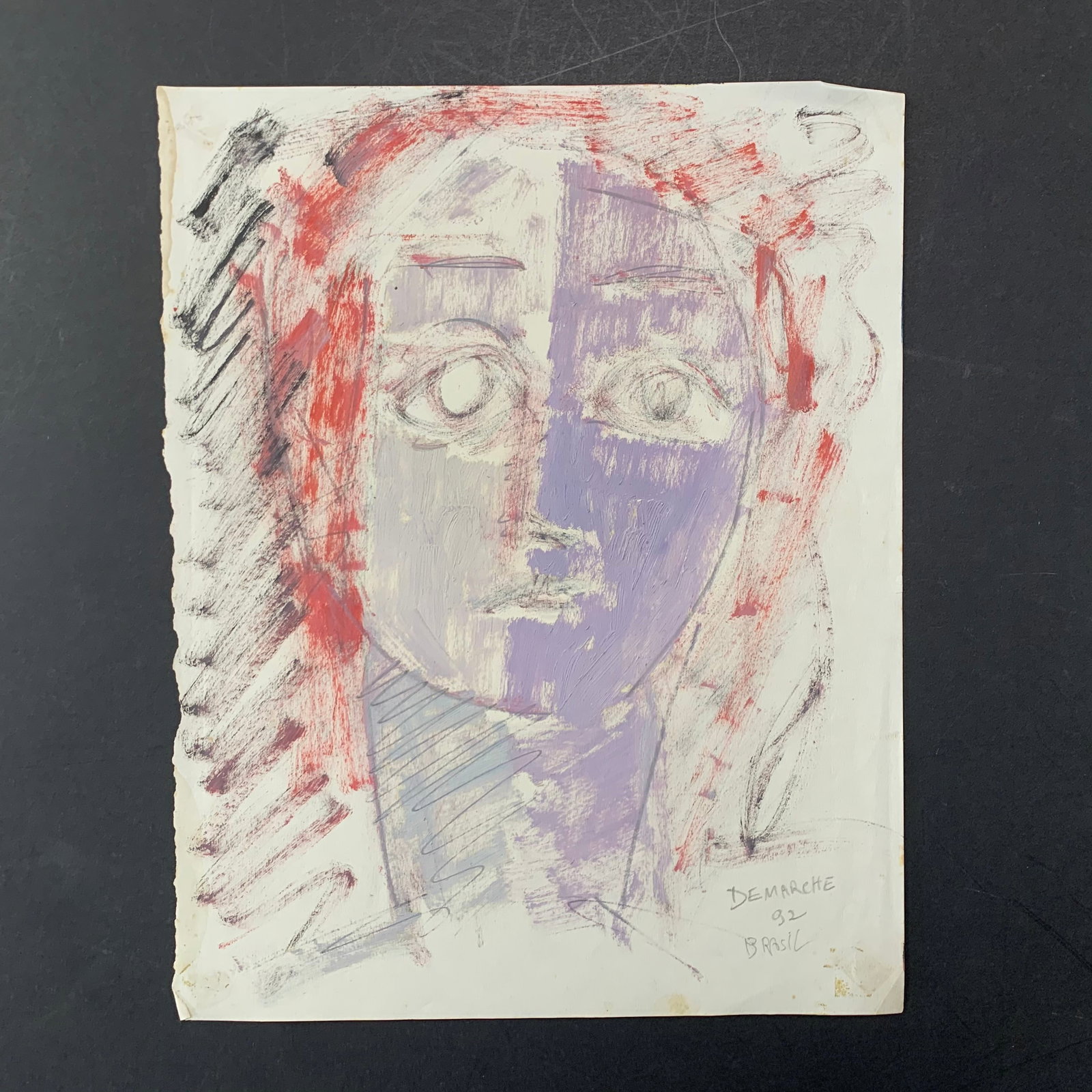 Josue Demarche's "Brasil" Original on Paper: Josue Demarche's "Brasil" Original on Paper. A portrait of a lady done in purple, red and grey. This piece has some tape residue on the back but otherwise is in excellent condition. Image: 10 1/2" x 1