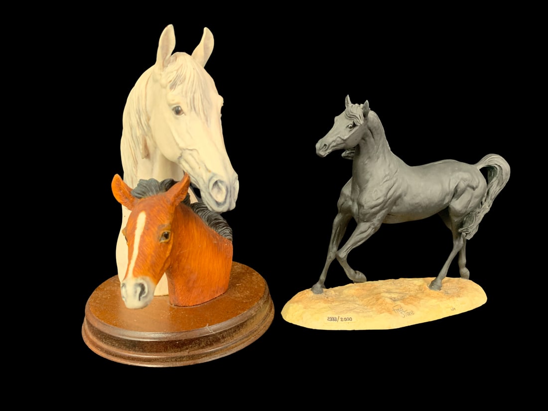 Fred Stone's "The Black Stallion" and "Arab Mare and Foal" Limited Edition Sculptures: Fred Stone's "The Black Stallion" and "Arab Mare and Foal" limited edition sculptures. "The Black Stallion" #2333/#2500, "Arab Mare and Foal" #1175/#2500. Each piece is in excellent condition without