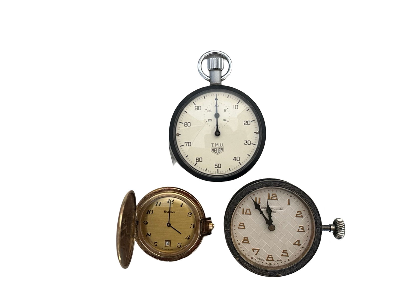 Vintage Heuer TMU and Sandoz-Vuille Stopwatches & Bulova Pocket Watch: Vintage Heuer TMU and Sandoz-Vuille Stopwatches & Bulova Pocket Watch. None are working, but appear in great condition. The Heuer TMU is from 1971, face looks great with extremely minor to very minor
