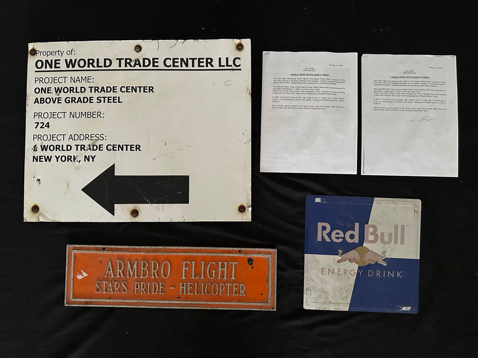 World Trade Center, Red Bull & Armbro Flight Original Metal Signs Auction