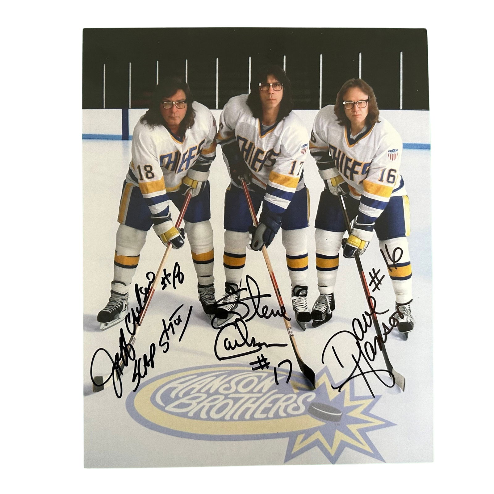 Slapshot' Signed Photo of Jeff Hanson, Dave Hanson & Steve Carlson (1 of 2)