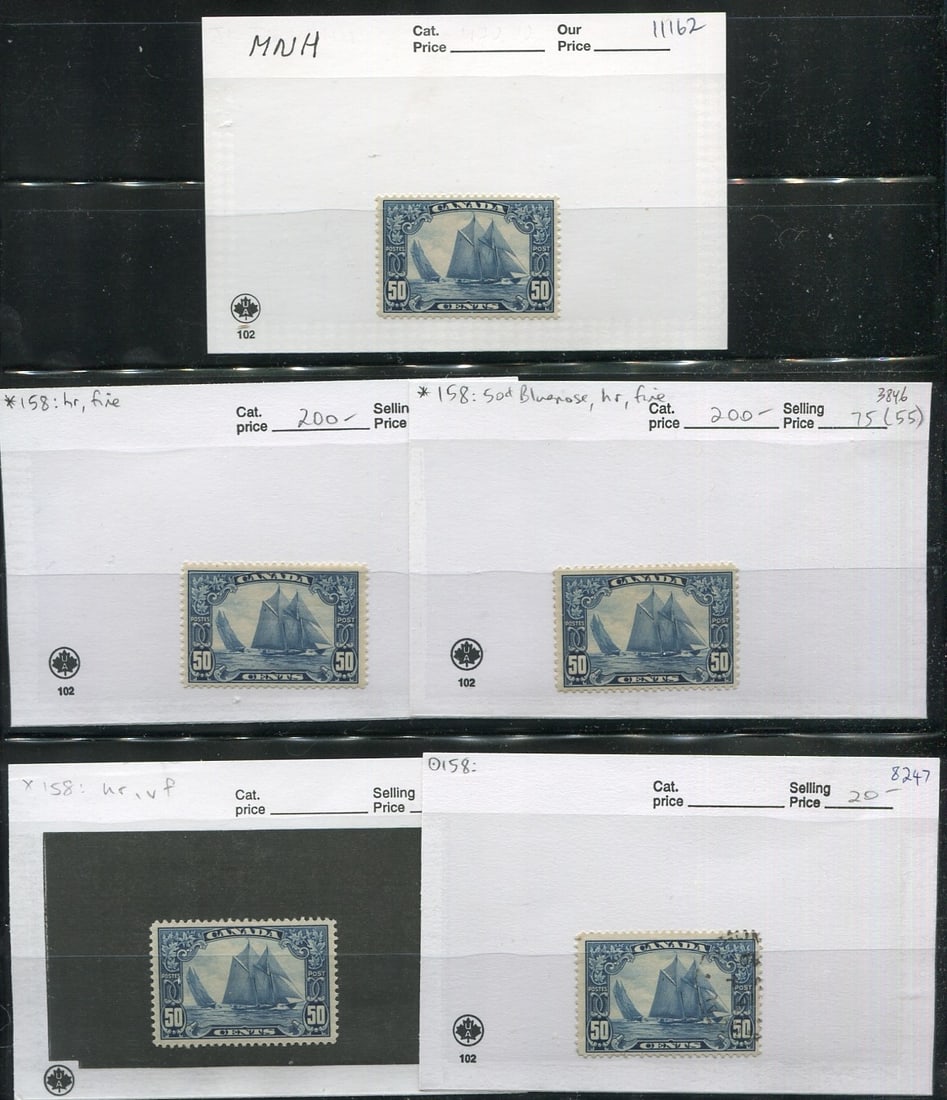 Canada 1928-1929, #158, 50c dark blue, a group of five, MNH/MH and used on a stocksheet, Unitrade: Canada 1928-1929, #158, 50c dark blue, a group of five, MNH/MH and used on a stocksheet, Unitrade value $1500 CDN, ($1095 USD), appears f-vf