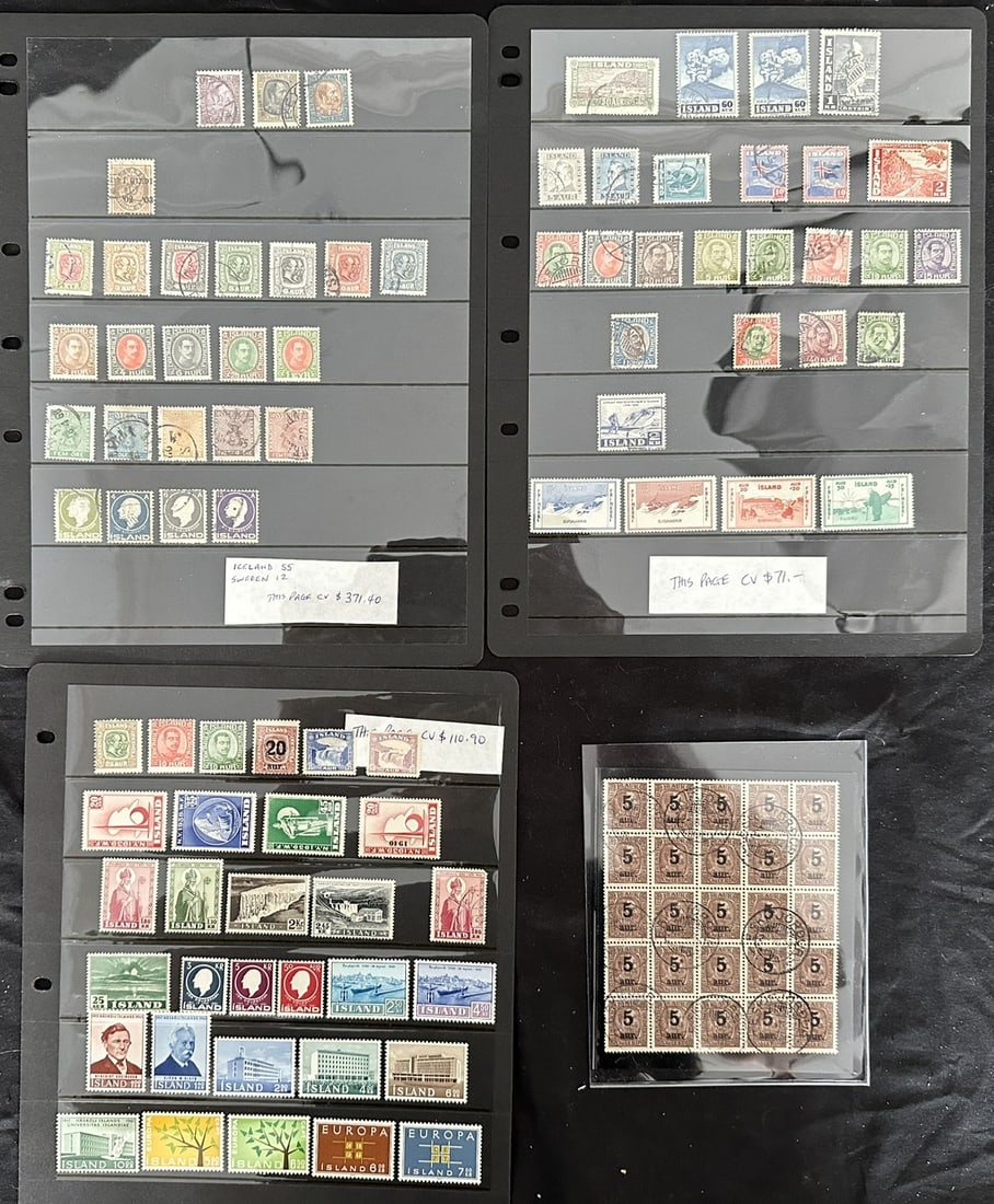 Iceland 1902 to 1962,#42 / #349, a minly MNH/MH accumulation on four stocksheets, include first set: Iceland 1902 to 1962,#42 / #349, a minly MNH/MH accumulation on four stocksheets, include first set of Semi postals and #130 a used block of 25, Scott value $1250, appears f-vf