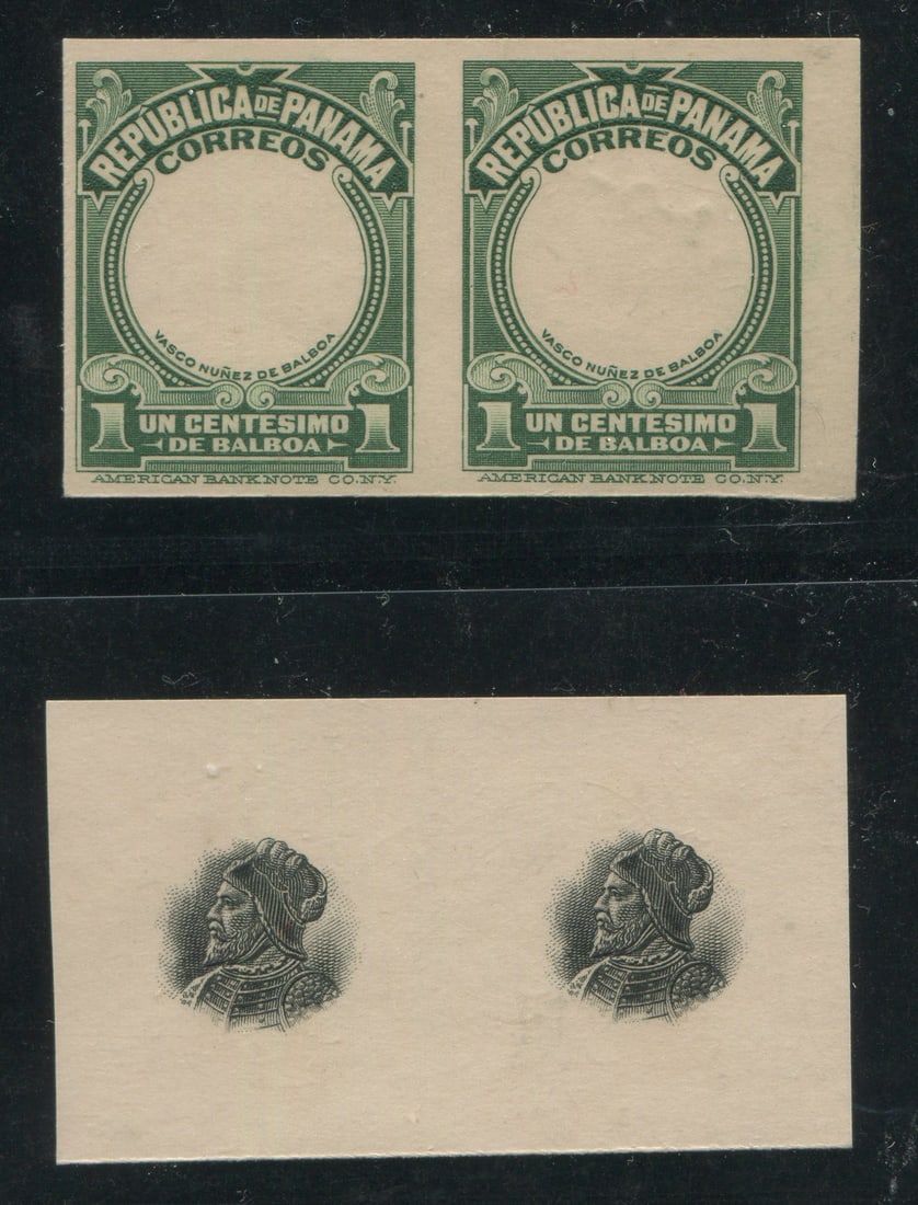 Panama 1909 to 1916 #197 1c dark green and black, proof pair of the background and proof pair of the: Panama 1909 to 1916 #197 1c dark green and black, proof pair of the background and proof pair of the head of Balboa, both on card, appears f-vf
