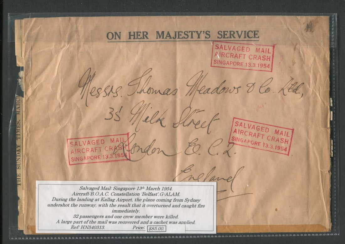USA 1954 Singapore Salvaged Mail Aircraft Crash Cachet Applied.: USA 1954 Singapore Salvaged Mail Aircraft Crash Cachet Applied. Postal history pertaing to the aircraft Constellation "Belfast", during the landing at Kallag Airport, the plane coming from Sydney unde