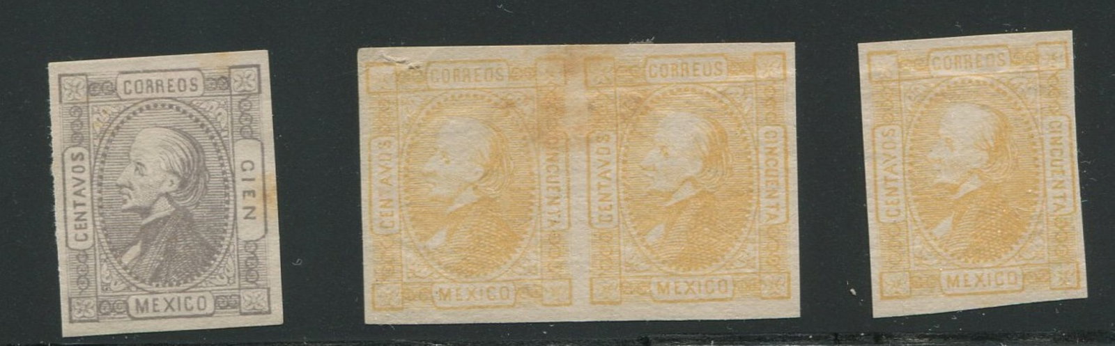 Mexico, 1872, imperf, 96 (x3) 1 pr slightly discoloured, 98 VF*: Mexico, 1872, imperf, 96 (x3)1 VF*, 1 pr slightly discoloured F*, 98 VF*