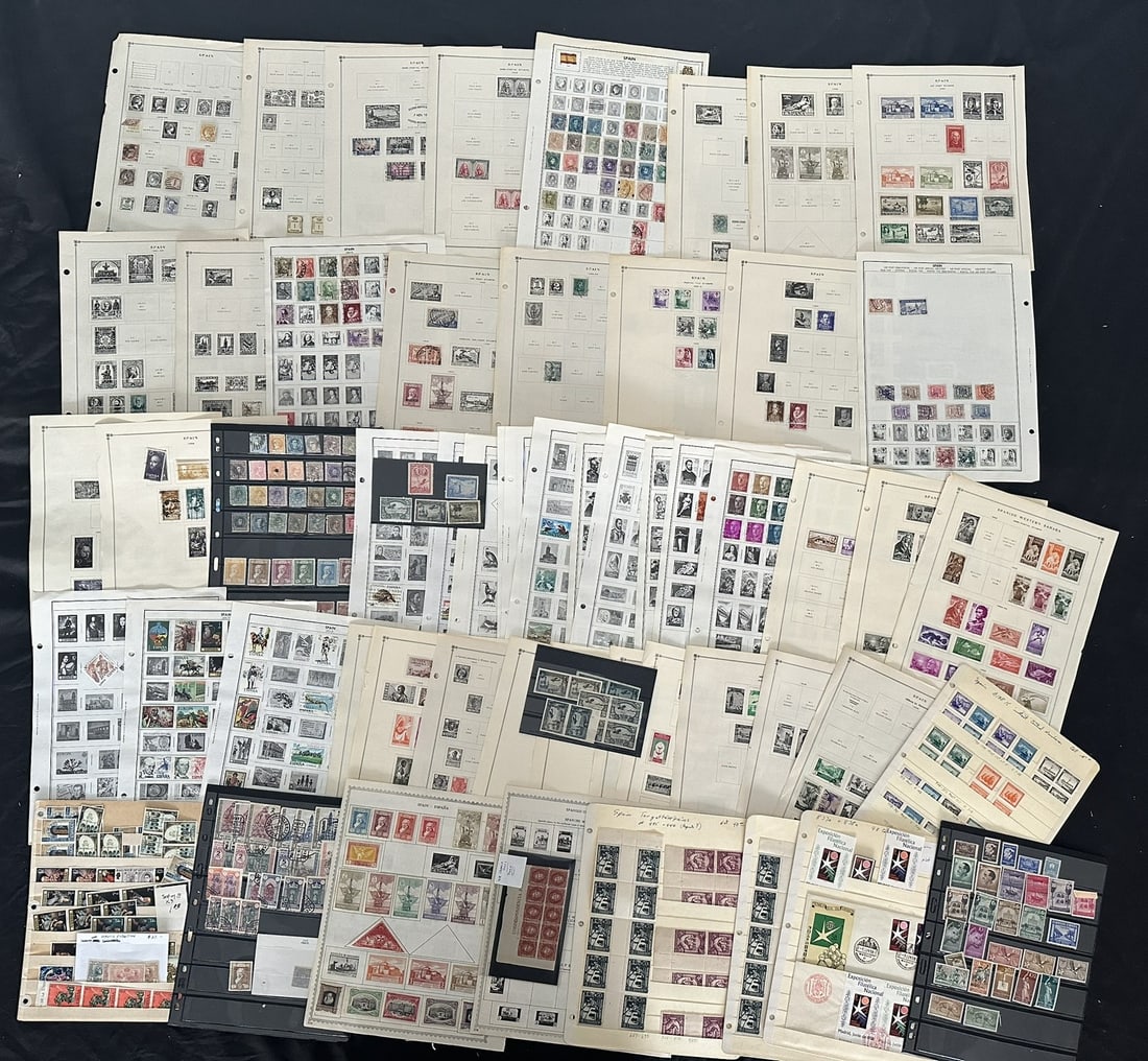 Spain 1860 to 1950's, #50 / # 857, a mainly used accumulation on leaves and stocksheets, includes: Spain 1860 to 1950's, #50 / # 857, a mainly used accumulation on leaves and stocksheets, includes Semi Postal, Airs, Officials Guinea,Morocco and Sahara, Scott value $332, appears f-vf