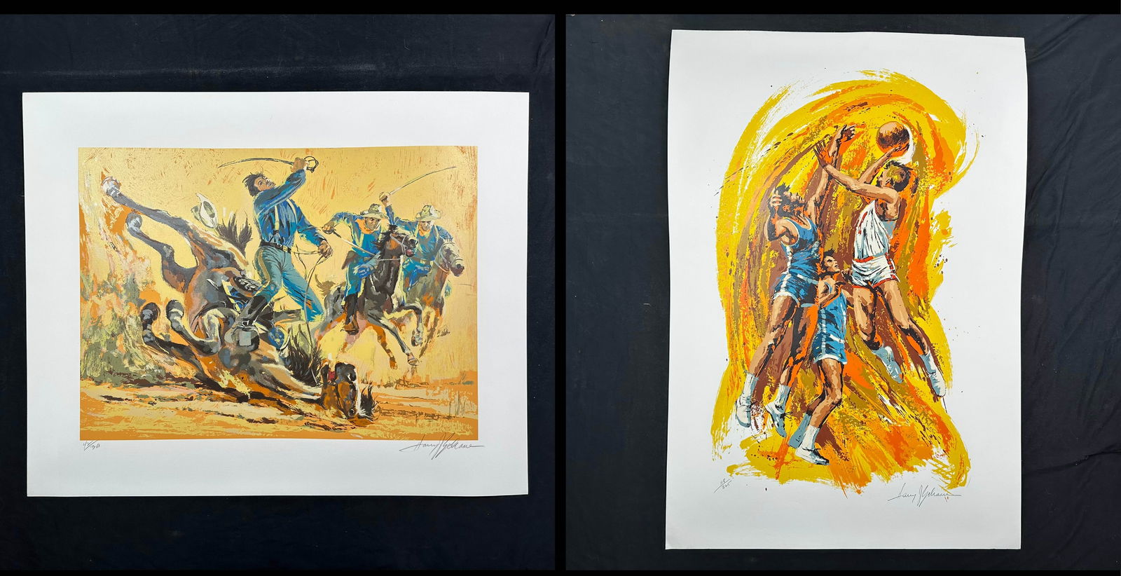 Harry Schaare Limited Edition Prints: Harry Schaare's "Cavalry Charge" limited edition print, signed lower right and numbered 42/300. Harry Schaare's "Basketball" limited edition print, signed lower right and numbered 118/325. Paper (Smal