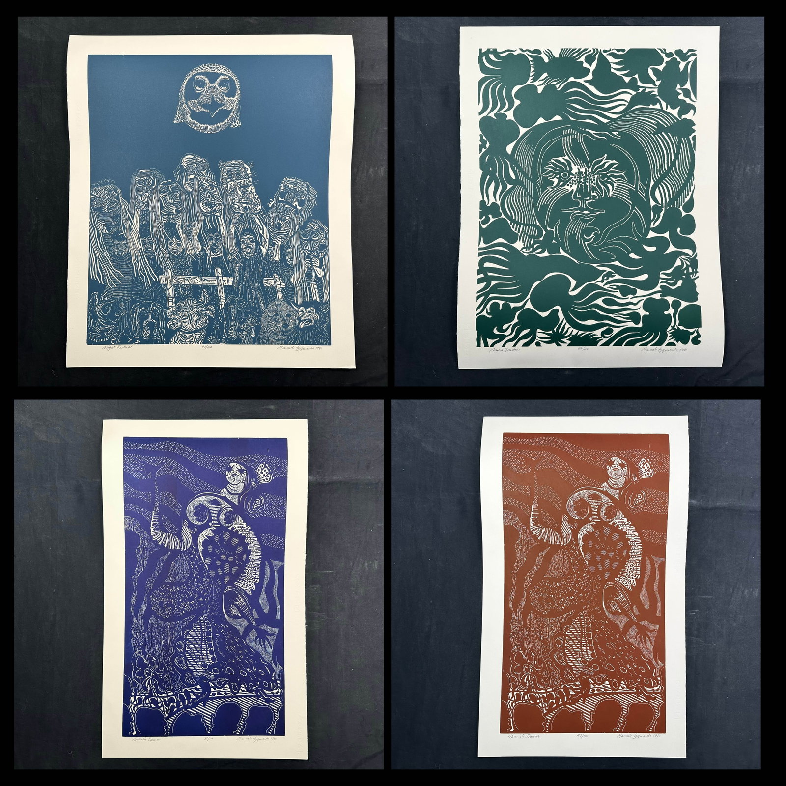 Manuel Izquierdo Limited Edition Prints: Manuel Izquierdo's "Spanish Dancer (Red)" limited edition print, signed lower right, titled lower left, and numbered 42/100 lower middle. Manuel Izquierdo's "Spanish Dancer (Blue)" limited edition pri