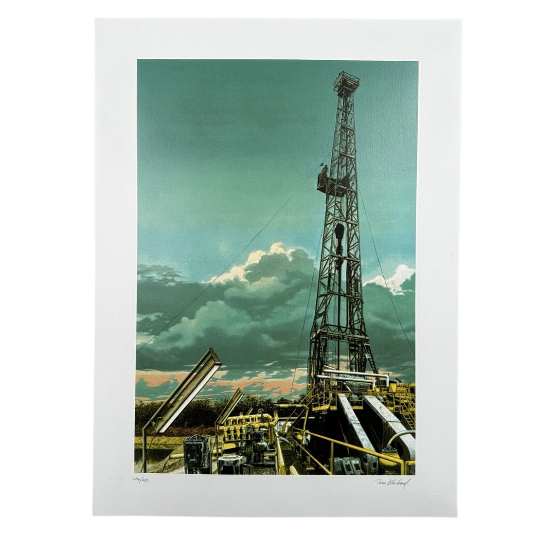 Tom Blackwell's "Oil Well" Limited Edition Print: Tom Blackwell's "Oil Well" limited edition print, signed lower right and numbered 206/250 lower left. In excellent condition, and never been framed. Image: 25" x 17". Paper: 30" x 22".