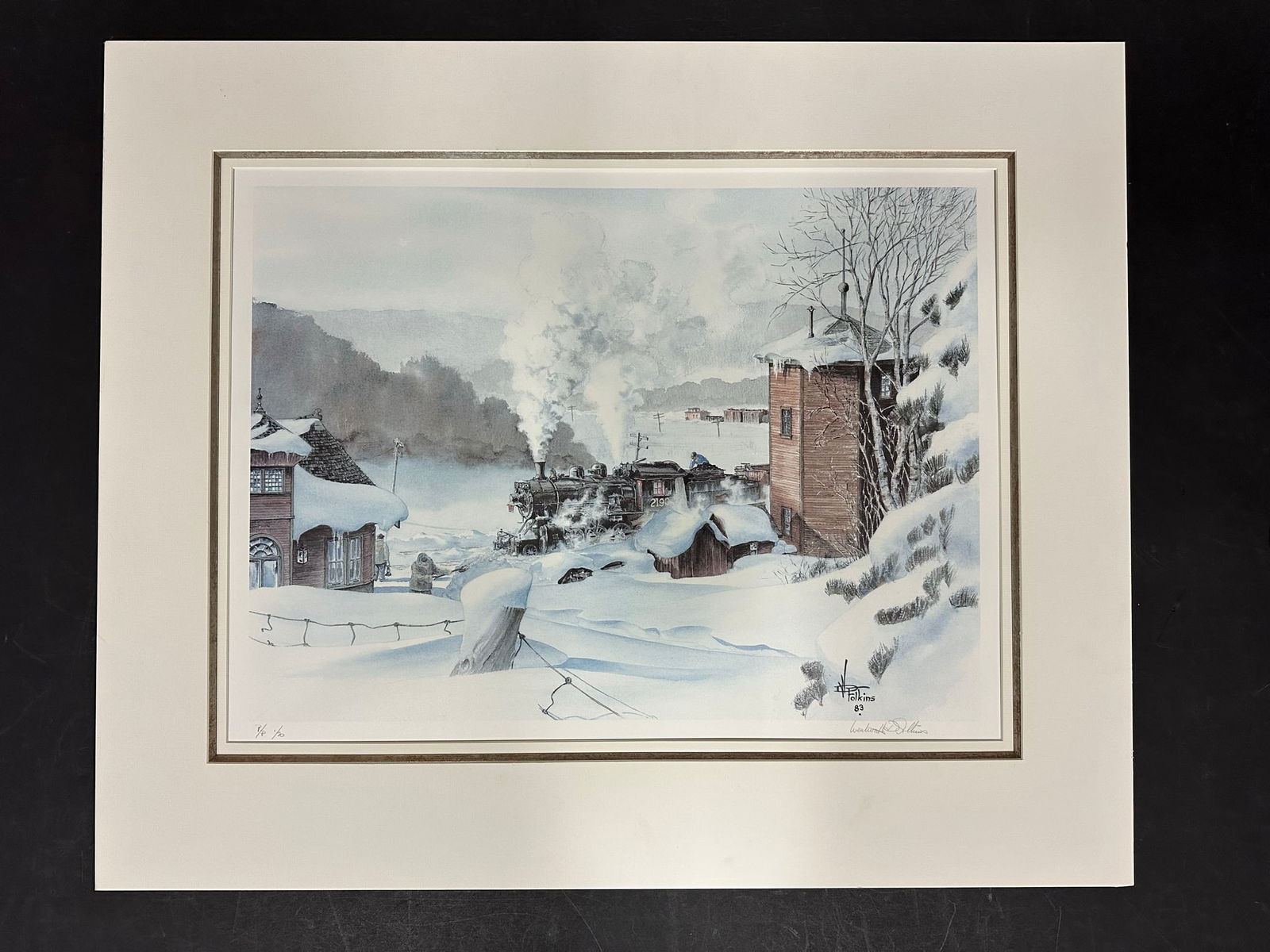 Wentworth Folkins' "The Winter of 1947" Limited Edition Print: Wentworth Folkins' "The Winter of 1947" limited edition print, signed lower right and numbered 1/20 PP lower left. A winter scene of a locomotive pulling into a station. This print is in excellent con