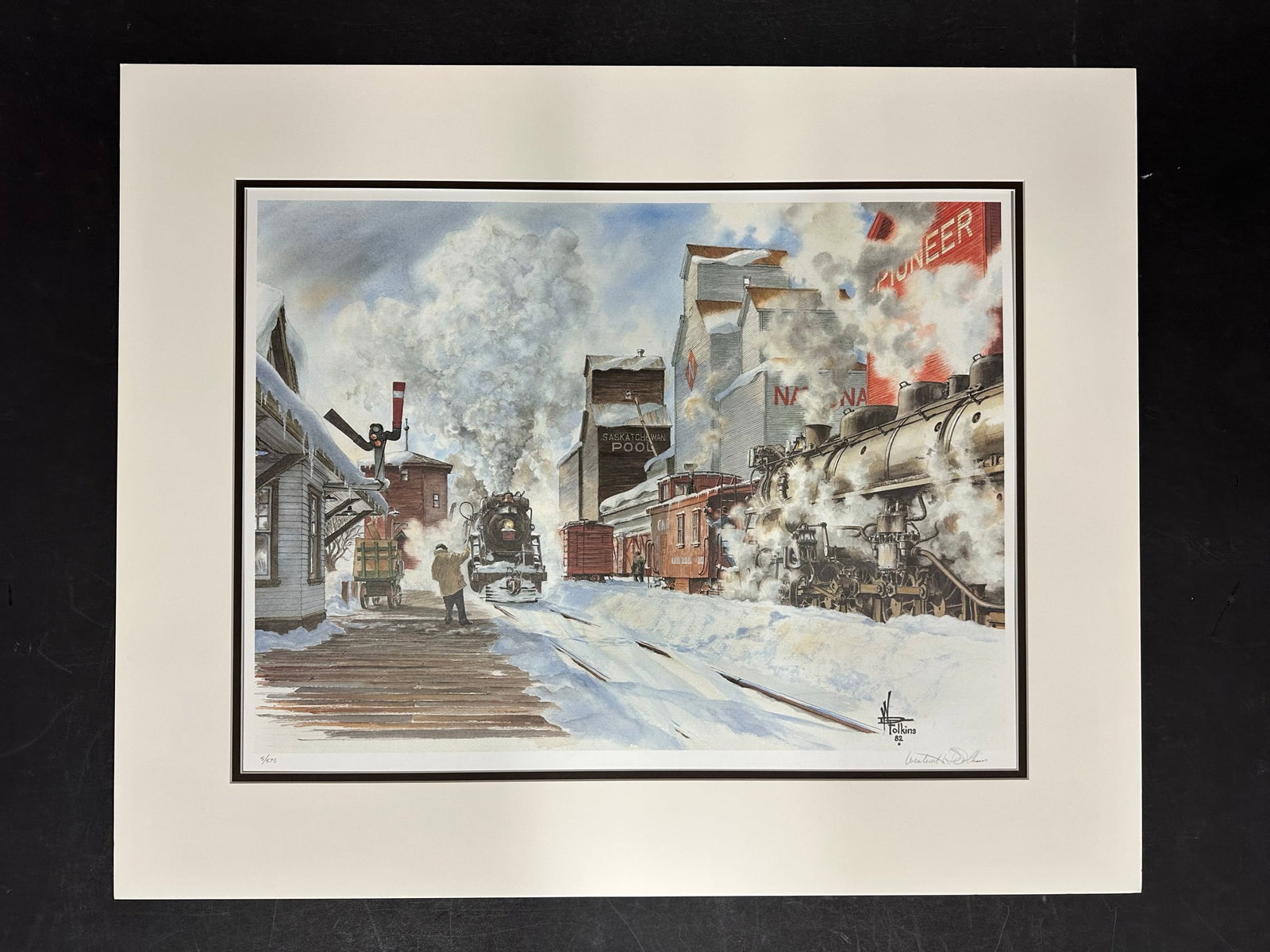 Wentworth Folkins' "Winter in Saskatchewan" Limited Edition Print: Wentworth Folkins' "Winter in Saskatchewan" limited edition print, signed lower right and numbered 5/575 lower left. A scene of a locomotive pulling into a station in Saskatchewan. This piece is in ex