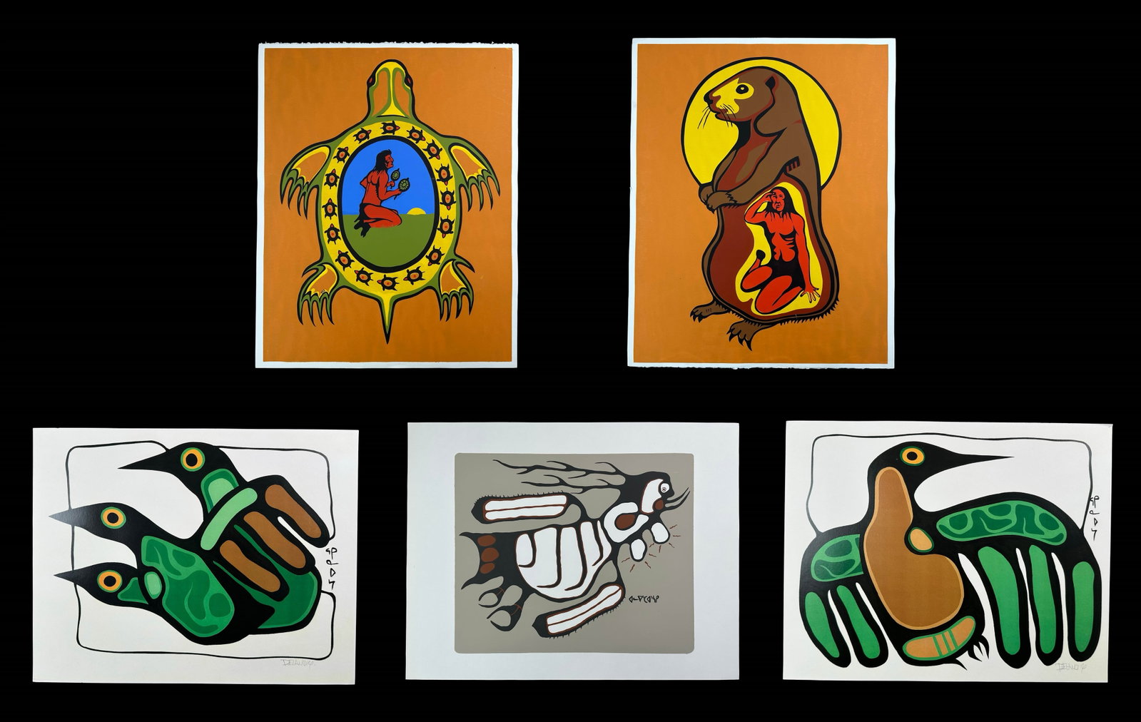 Limited Edition Canadian Aboriginal Prints: A group of unidentified Canadian Aboriginal limited edition prints. Includes: Man in Marmot by "392" (Paper: 25" x 20"). Man in Turtle by "392" (Paper: 25" x 20"). Flying Woman Creature with Cree Syll