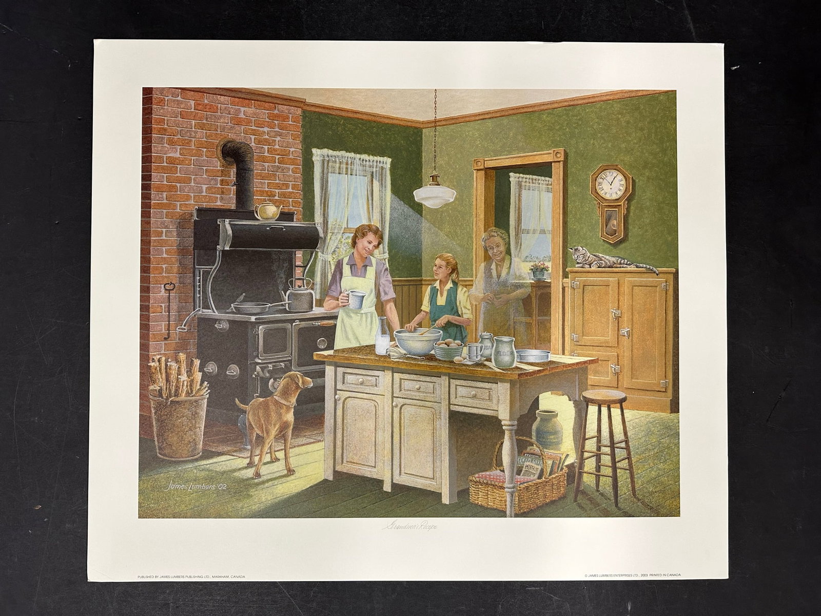 James Lumbers' "Grandma's Recipe" Open Edition Print: James Lumbers' "Grandma's Recipe" open edition print. A mother and her daughter are baking in the children. Done in Lumbers' signature 'past to present' style with the 'ghost' of their grandmother ove