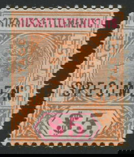 Straits Settlements 1892 -1899 #88, a LH $5 orange and carmine, with "Specimen" overprint, Scott: Straits Settlements 1892 -1899 #88, a LH $5 orange and carmine, with "Specimen" overprint, Scott value $500+, appears f-vf