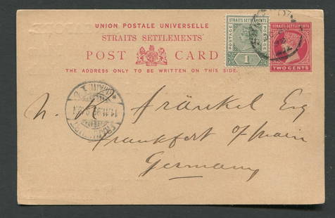 Straits Settlements 1899, a uprated 2c red postcard, with an additional 1c green cancelled by: Straits Settlements 1899, a uprated 2c red postcard, with an additional 1c green cancelled by unreadable cds dated Oct 20, 1899, addressed to Germany, hasa frankfurt receiver dated Nov 11, 1899, appea