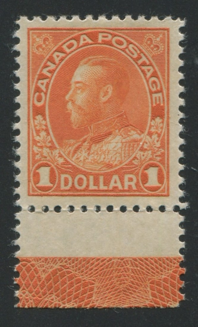 Canada 1911 - 1925, #122, a LH $1 orange with type D lathework, Unitrade value $600 CND, ($428.57: Canada 1911 - 1925, #122, a LH $1 orange with type D lathework, Unitrade value $600 CND, ($428.57 USD), appears f-vf