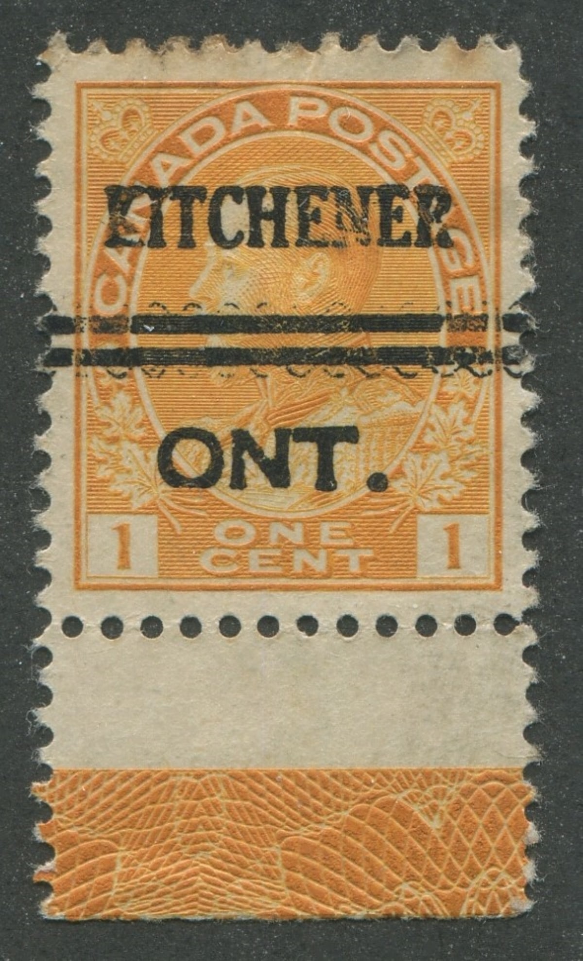 Canada 1911-1925, MH, #105f, a MH 1 cent orange-yellow, precancel with 'Kitchener', die 1, with type (1 of 2)