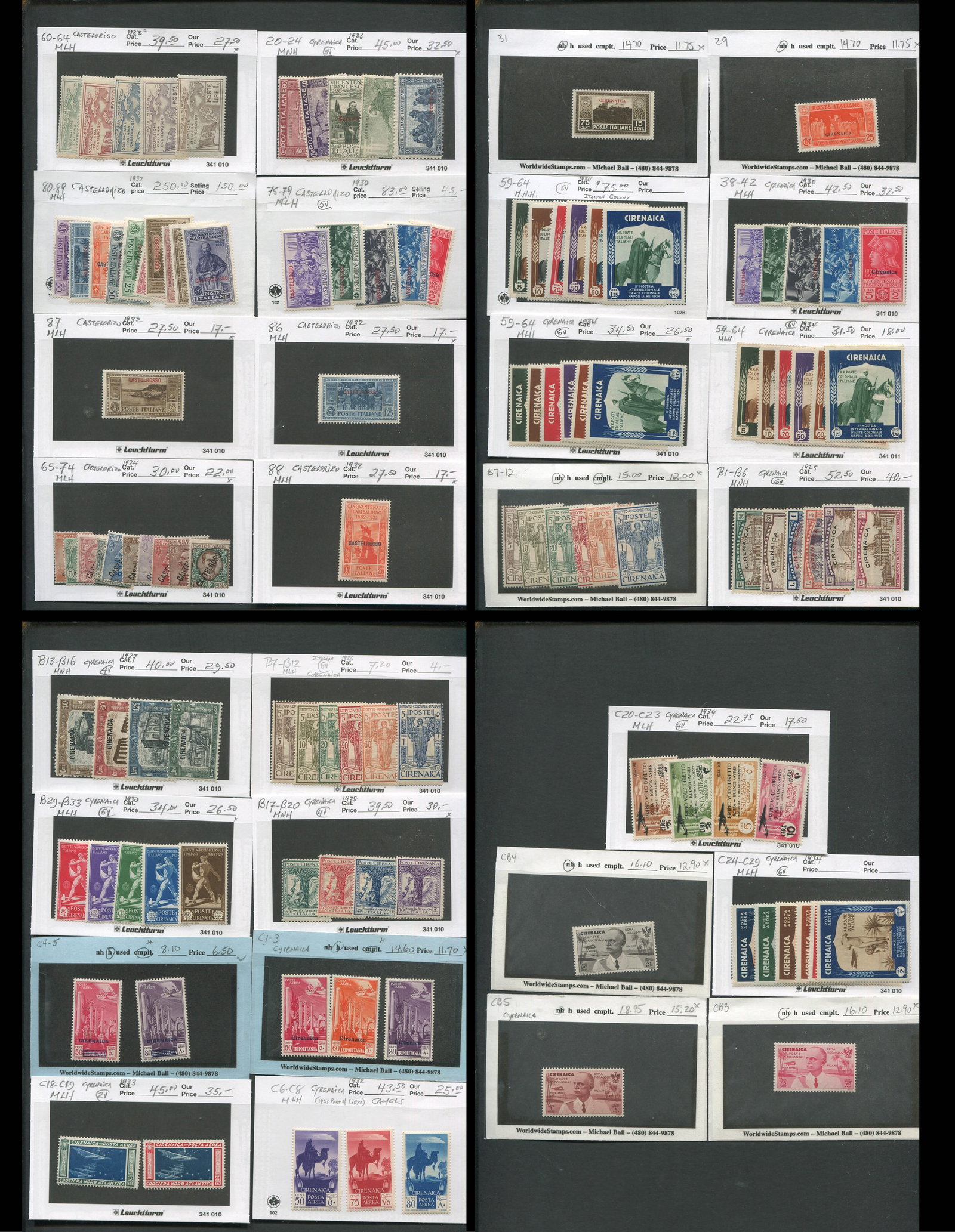 Italian Colonies Castellorizo 1924 - 1932, #65 / #88 and Cyrenaica 1926 - 1932, #20 / #C 19, a MNH /: Italian Colonies Castellorizo 1924 - 1932, #65 / #88 and Cyrenaica 1926 - 1932, #20 / #C 19, a MNH / MH selection in 102s, Scott value $793, appears f-vf