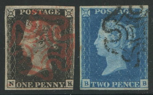 Great Britain 1840 #1/#2 Postage Stamps. Cancelled F-VF.: Great Britain 1840 #1/#2 Postage Stamps. Cancelled F-VF. The world's first and second postage stamps issued. The # 1 one penny black is a nice 3 1/2 margin example, the #2 two pence blue is an attract