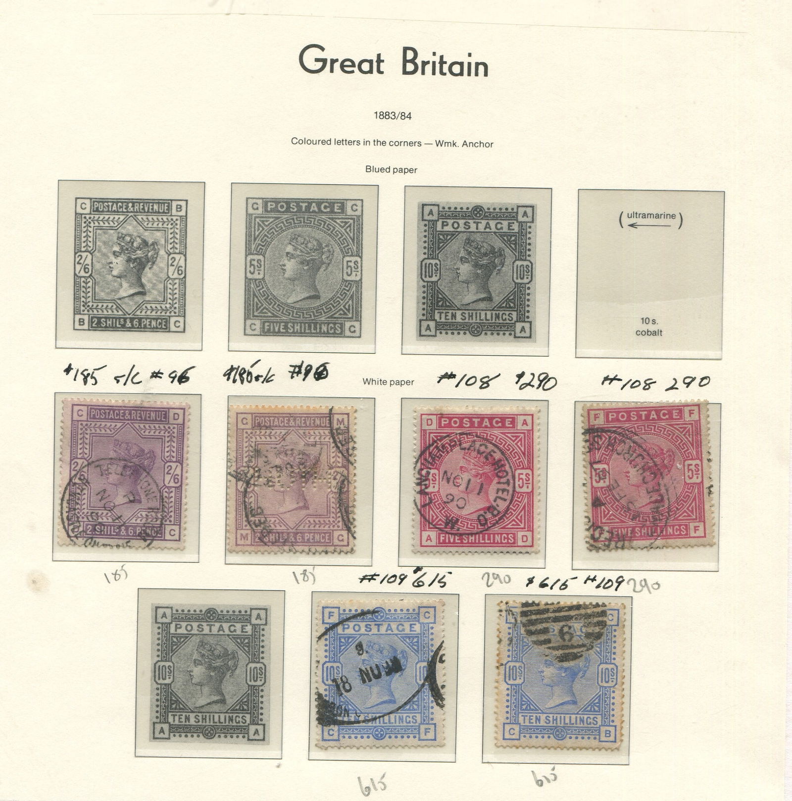 Great Britain 1883 -1884, #96 /#109, a used group of 2/6, 5/- and 10/-, with various cancels , Scott (1 of 1)