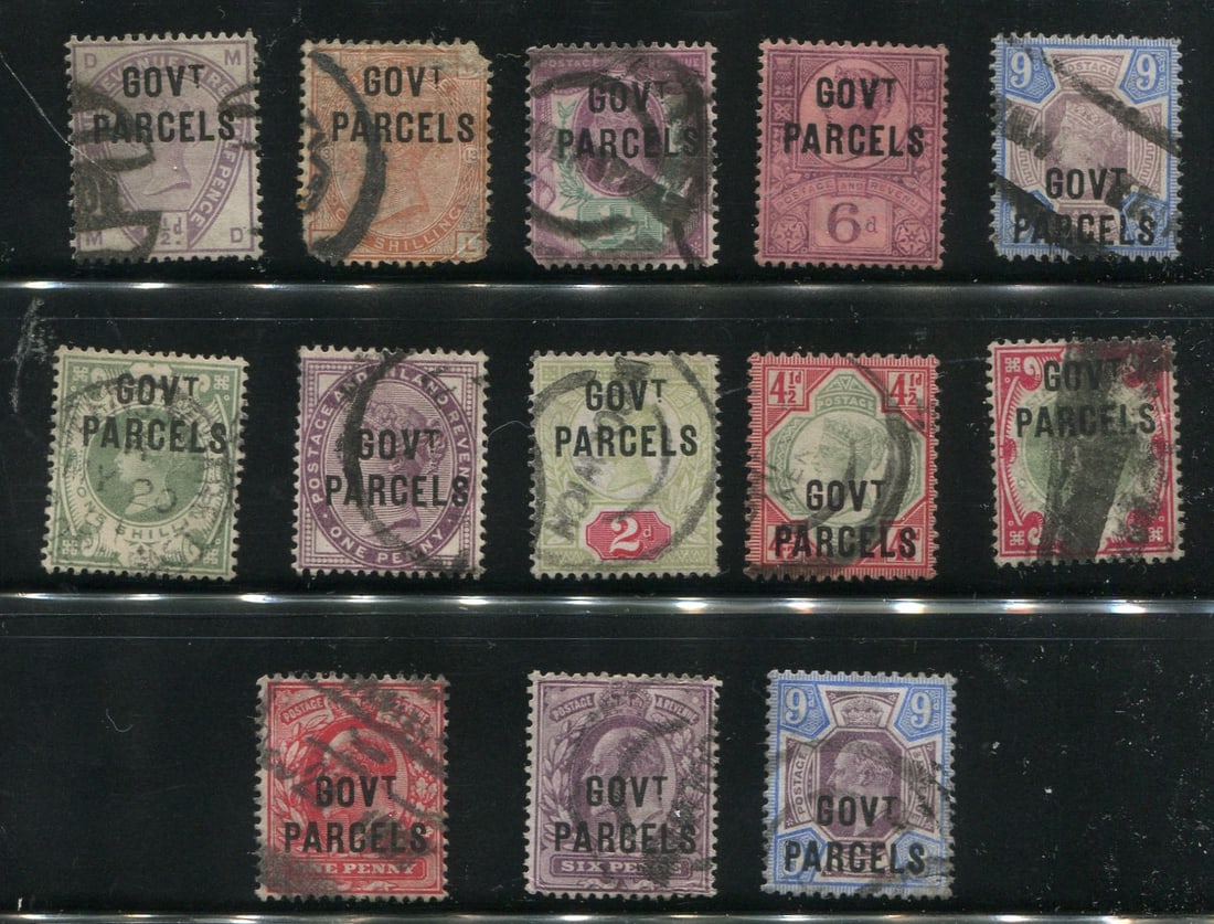 Great Britain - Officials Government Parcels, #O27 / # O42, a used group of 13 on a stock sheet, (1 of 1)