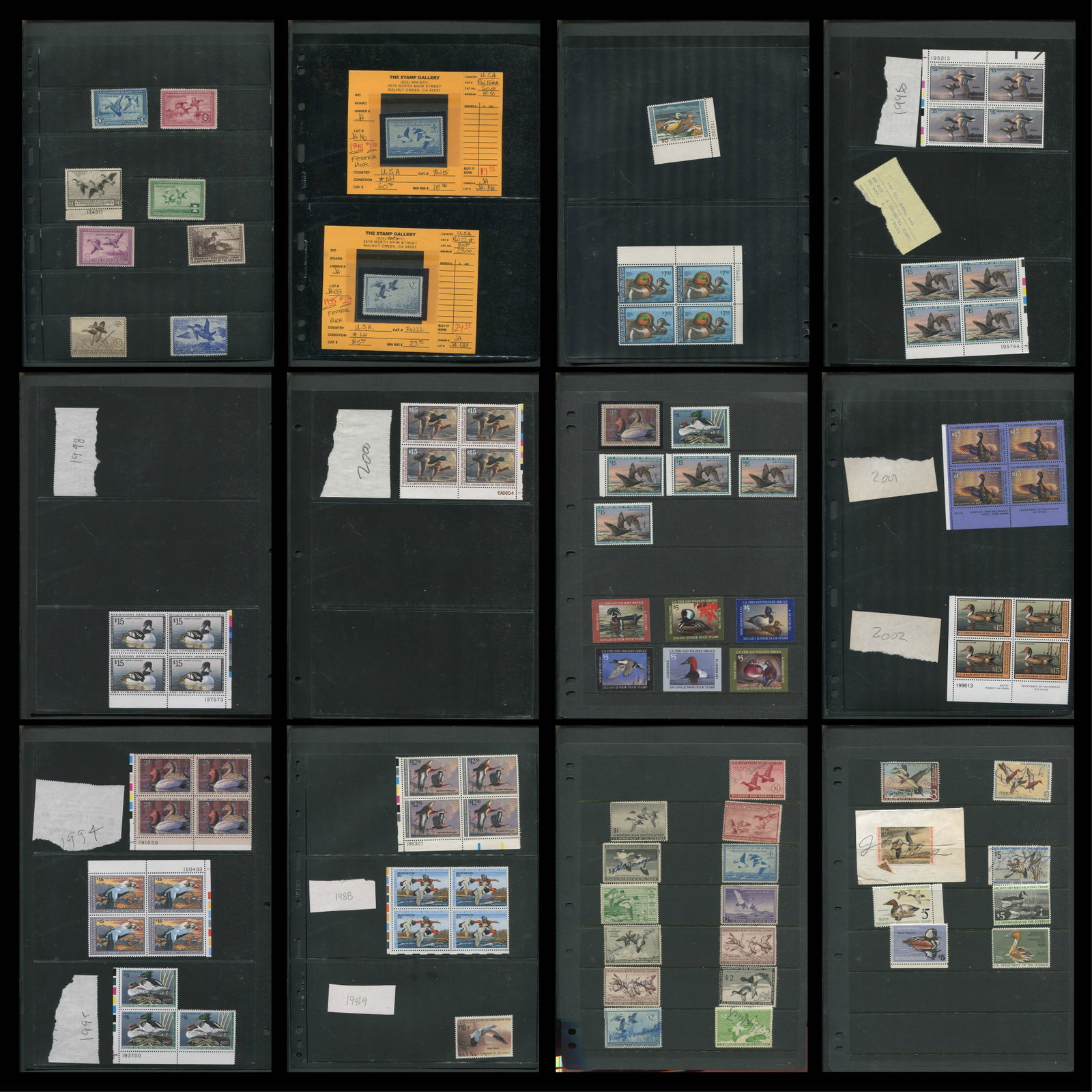 USA 1934-1996 #RW1/#63 Mostly Mint/MNH Hunting Permit Stamps w/ Plate Blocks: A USA Hunting Permit Stamps group from 1934-1996 #RW1/#RW63. Includes #RW1 NG couple wrinkles small thin, #RW2 NG creased, #RW3 NG creased, #RW4 very lightly used, #RW5 NG creased, #RW7 used water spo