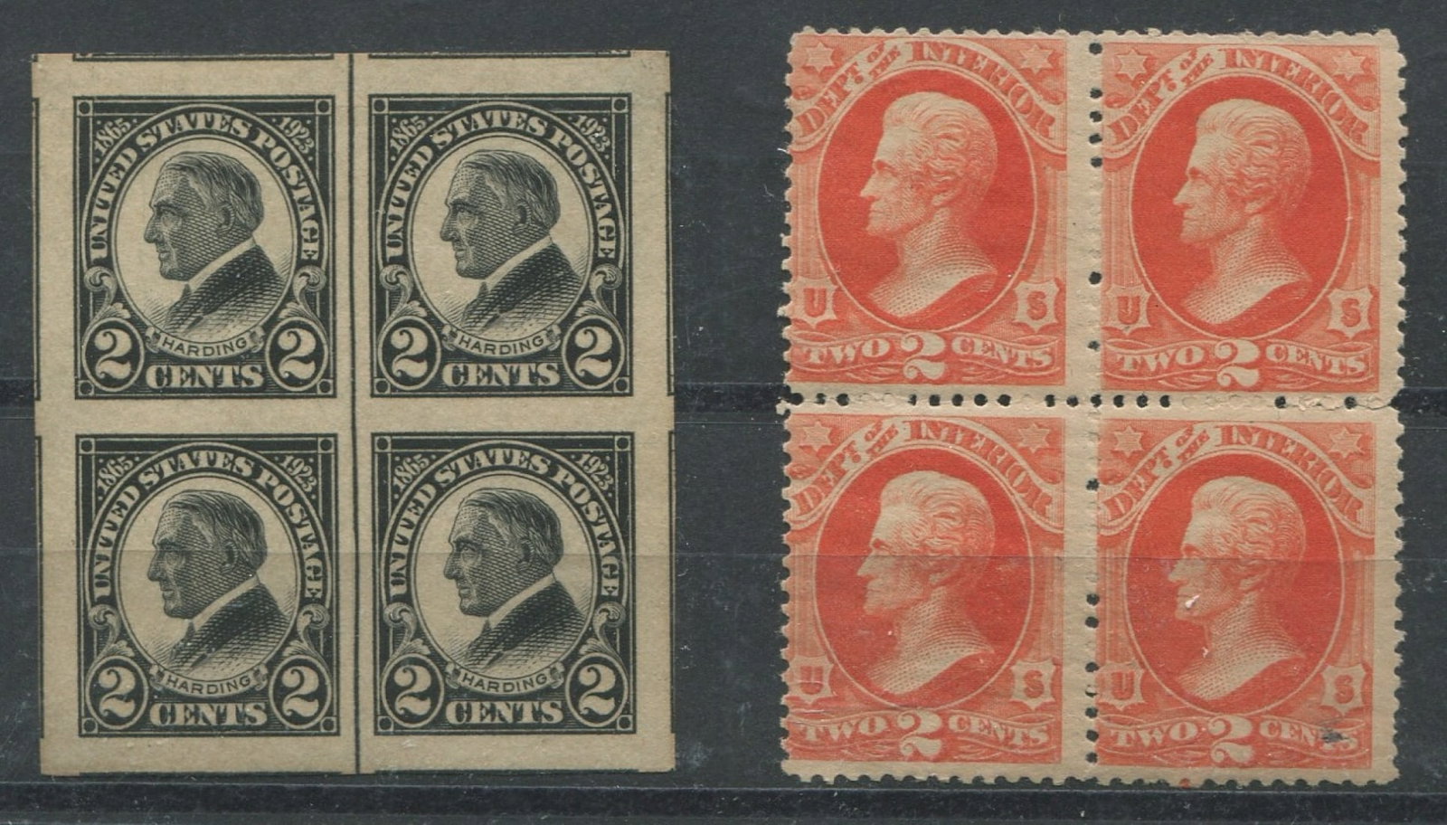 USA 1923 #611 MNH & 1873 #O16 Mint Blocks: 1923 #611 2c Black Imperf Superb Jumbo centre line block of 4 showing parts of adjacent stamps on all four sides, miniscule gum loss spot UR stamp 3 others nh. 1873 #O16 2c Vermillion mint block of 4,