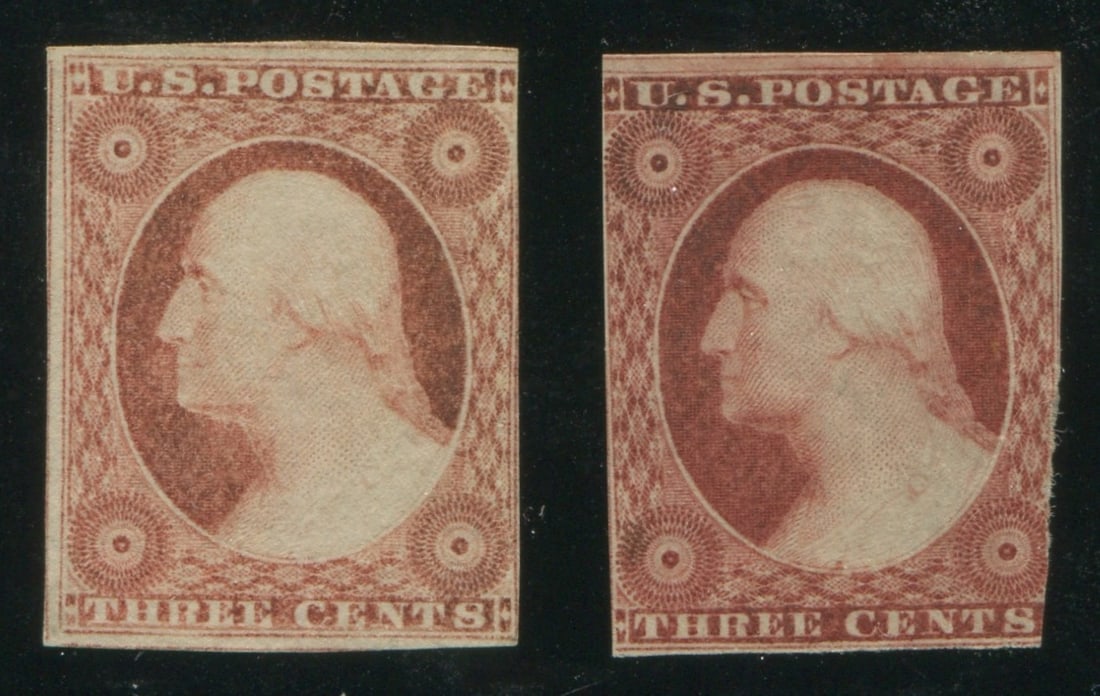 USA 1855 #10a/#11a 3c Mint/Unused: USA 1855 #10a/#11a 3c Mint/Unused. #10a with NG and large margins, tight at right, and just barely into LR. #11a with full slightly disturbed OG, ample margin at top, otherwise tight all around, and i