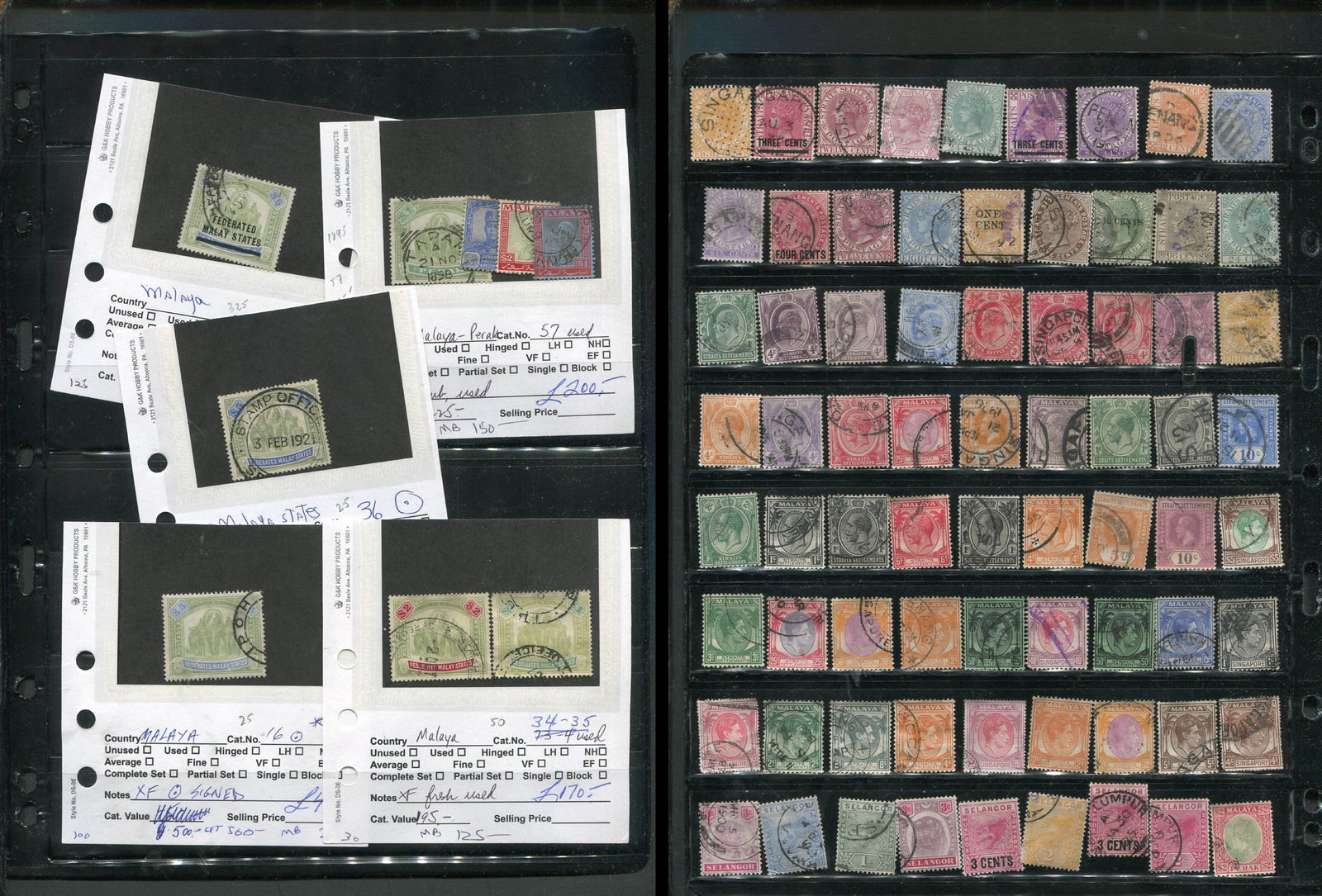 Malaya 1900 - 1950 , a used selection on a double sided stocksheet, includes Straits Settlements, (1 of 3)