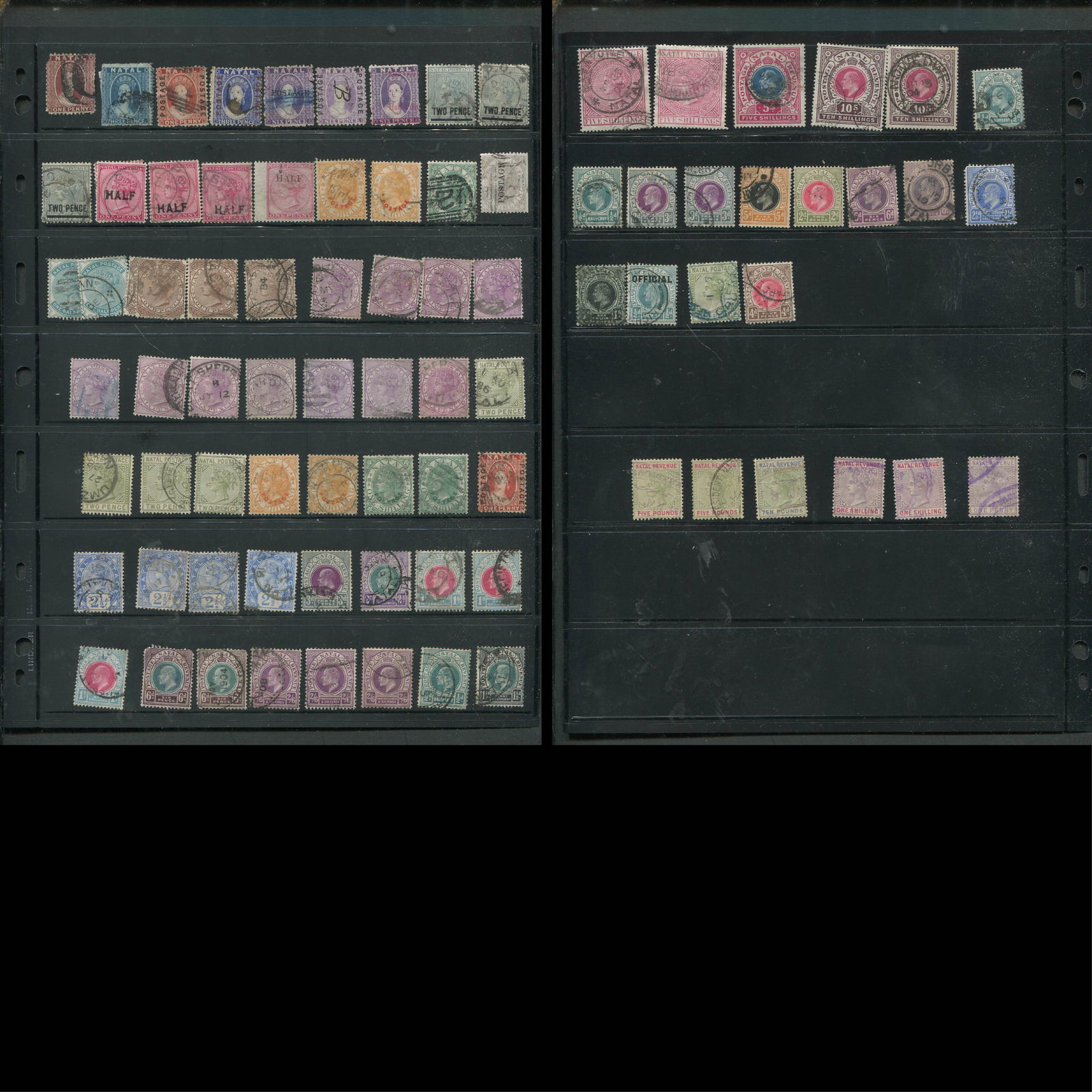 Natal 1864 - 1891 #11 / #80, a used accumulation on a stocksheet, includes six revenues £10 (1), (1 of 3)