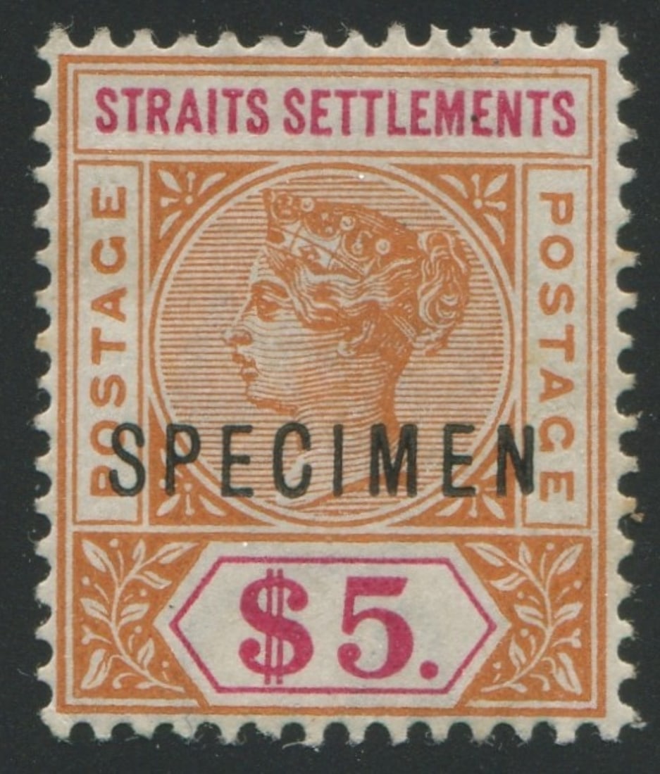 Straits Settlements 1892 -1899 #88, a LH $5 orange and carmine, with "Specimen" overprint, Scott (1 of 2)