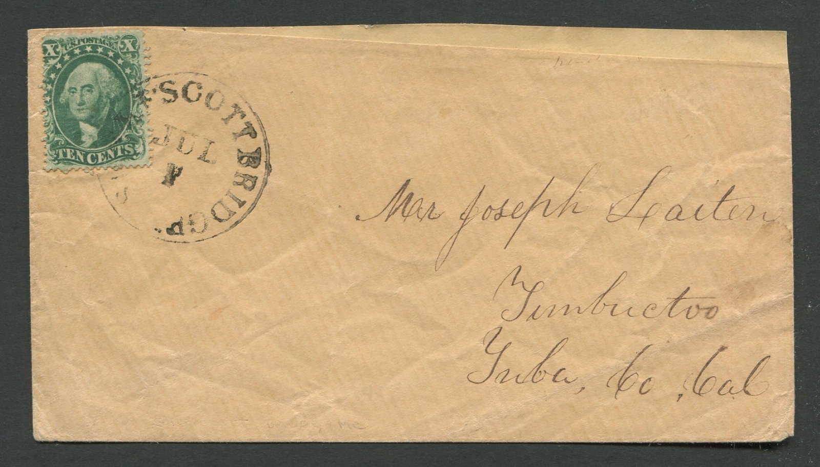 USA 1857 - 1861 #32, tied by Sheepscott Bridge CDS on cover to California (1 of 2)